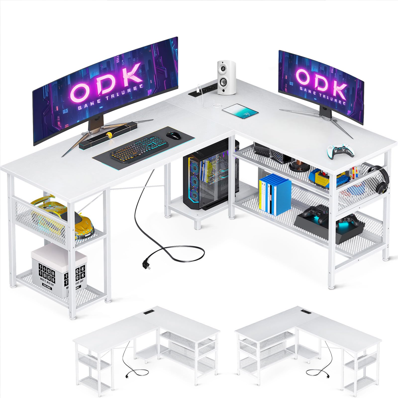 ODK Scrivania Gaming ad L con Design Reversibile, Scrivania con Ampio Spazio di Archiviazione, Scrivania ad Angolo con 2 Prese e 2 Porte USB, Bianco, 150×102 cm