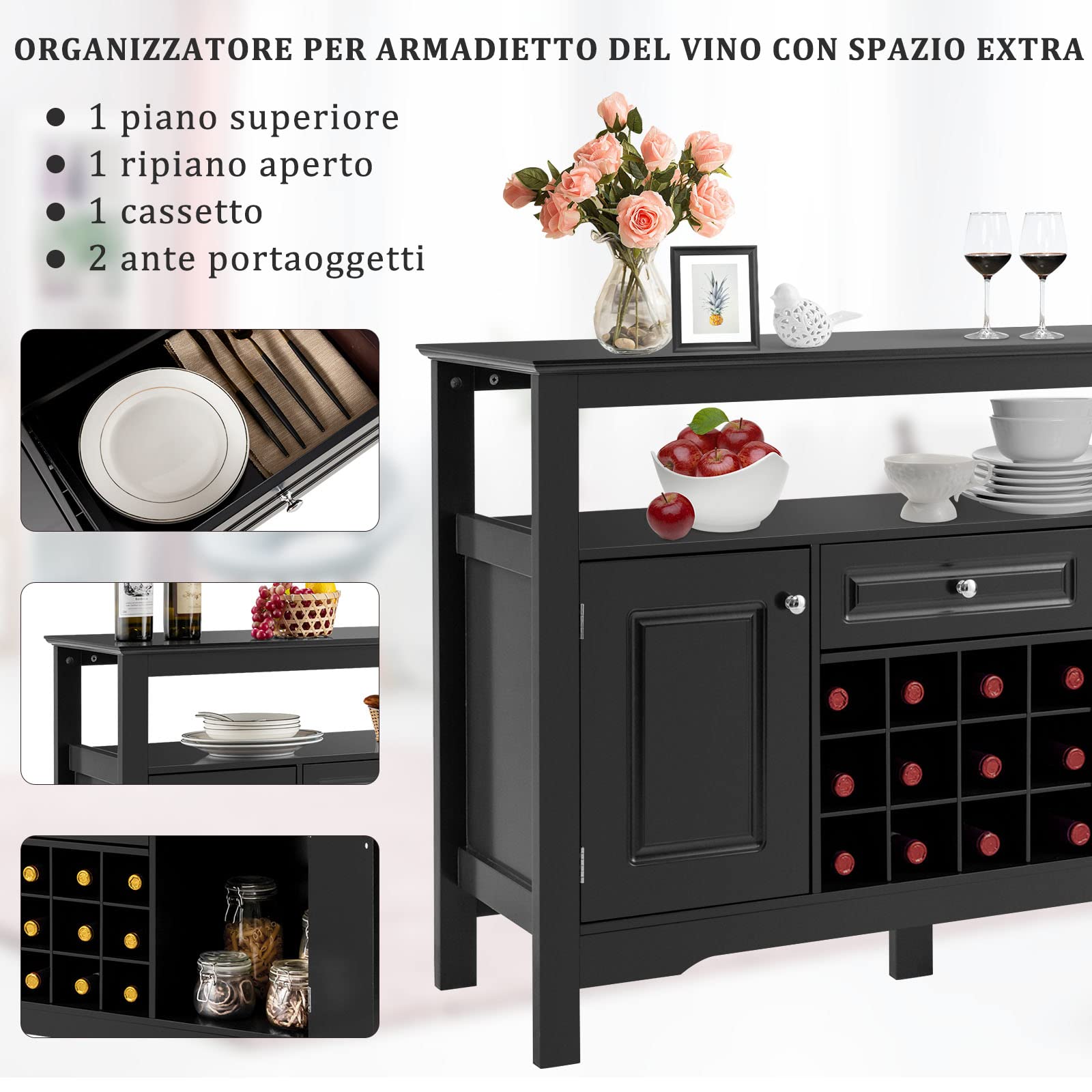 GYMAX Mobile Portabottiglie, Mobile da Buffet, Credenza con Cassetti e Armadietti, Scaffale per 12 Bottiglie in Legno, Ripiano Superiore Aperto, Mobile per Esposizione di Vini (NERO)