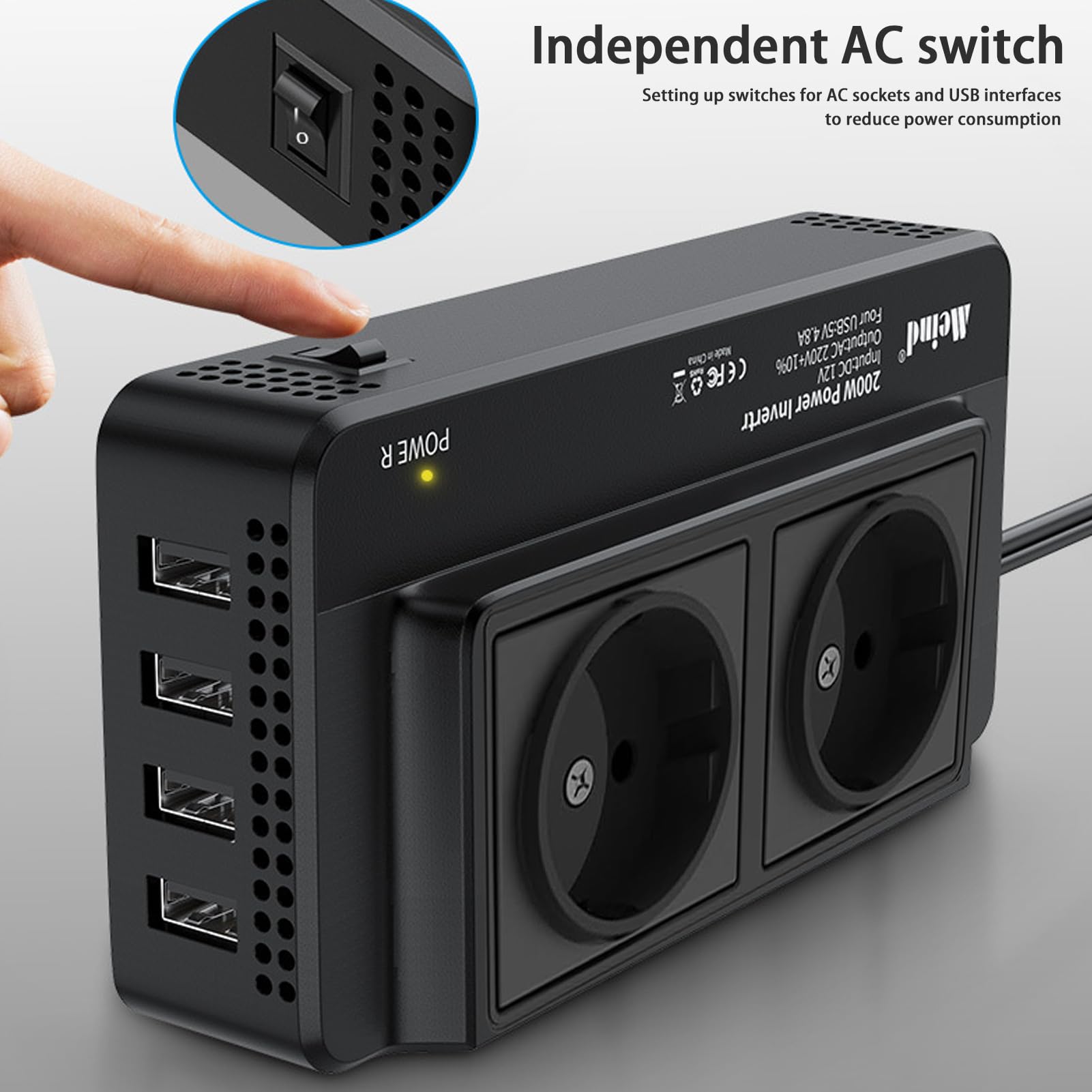 Samochodowa przetwornica przetwornica napięcia 200 W, 12 V na 230 V, czysta sinusoidalna, 2 gniazda EU AC, 4 porty USB i wtyczka do zapalniczki
