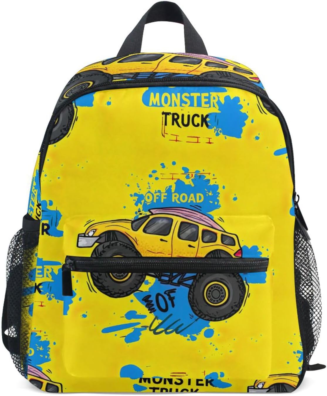 Cool Yellow Monster Trucks Backpack for Toddler Boys Girls, Small Travel Book Bag with Name Tag Kids School Backpacks, 6-8 Years