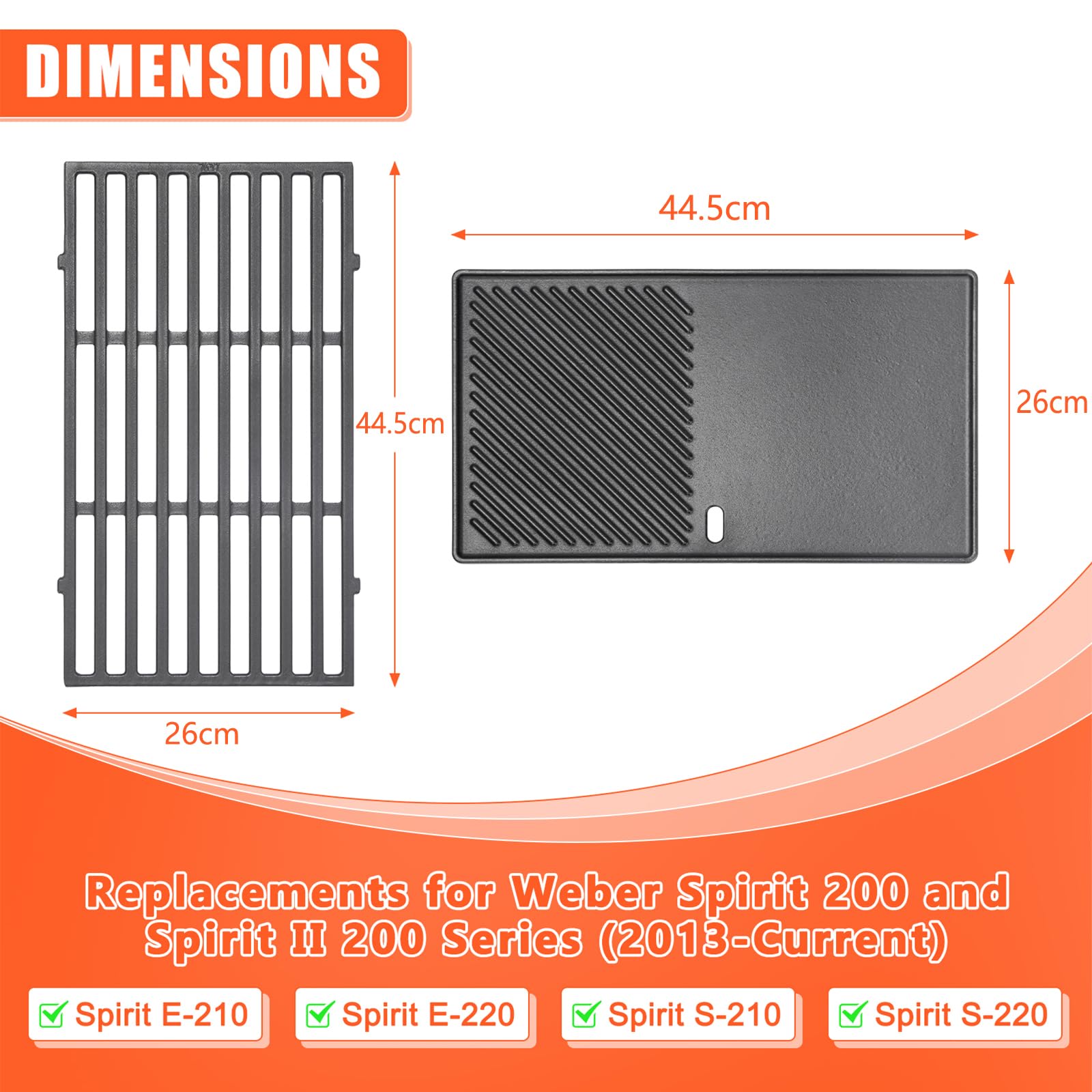GFTIME 7637 44,5 CM Grilles de Gril pour Weber Spirit I & II 200, E-210, E-220, S-210, S-220 (Boutons de Commande Avant), Fonte Pieces Detachees Grille Barbecue pour Weber 46010074, 46100001 à Gaz