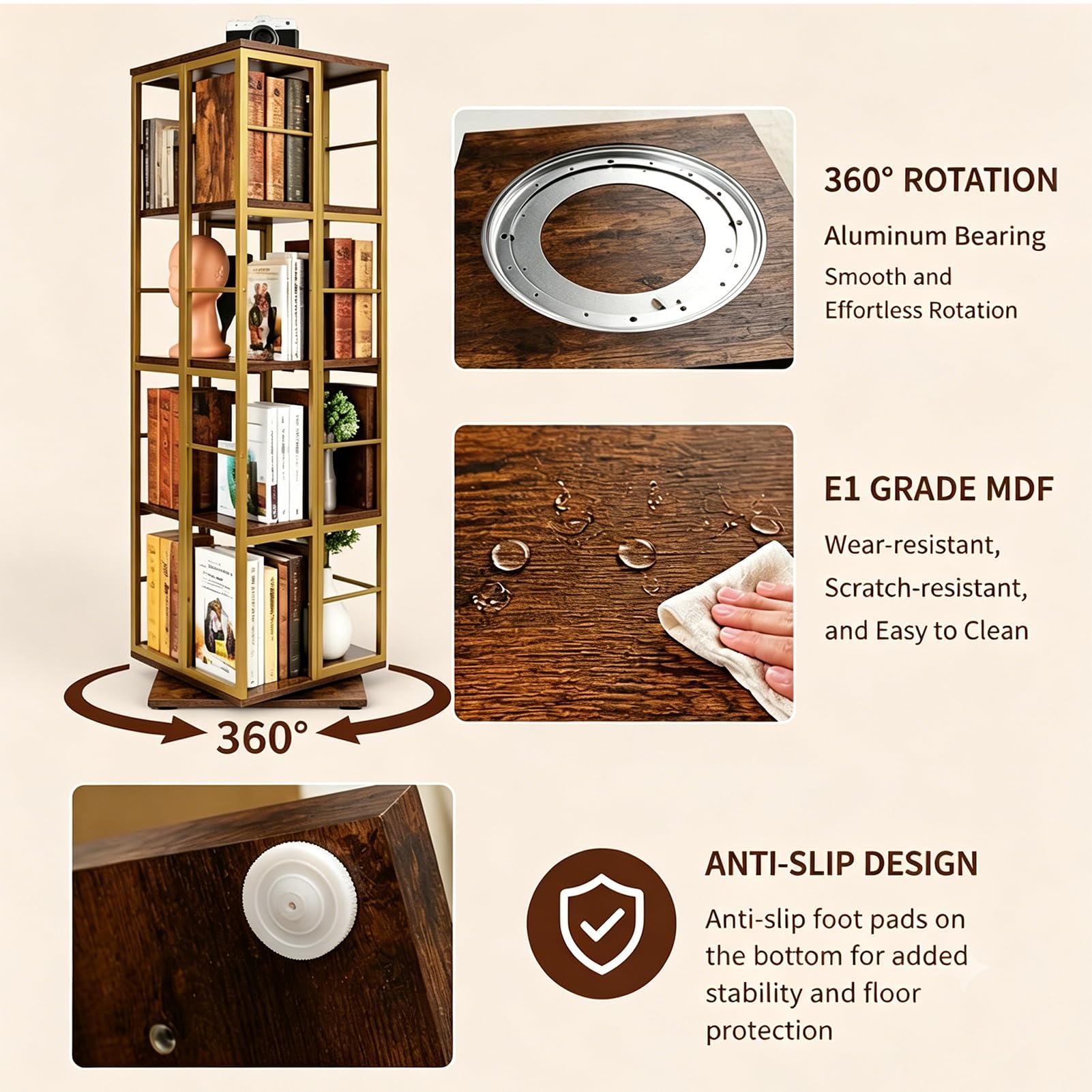 Drehbares Bücherregal 360° mit Stahlrahmen, 4 Fächer, 137 cm Gold | CD Regal & DVD Aufbewahrung, drehbares Bücherregal 360° mit Kippsicherung, stabiler Stahlrahmen für Wohnzimmer & Büro