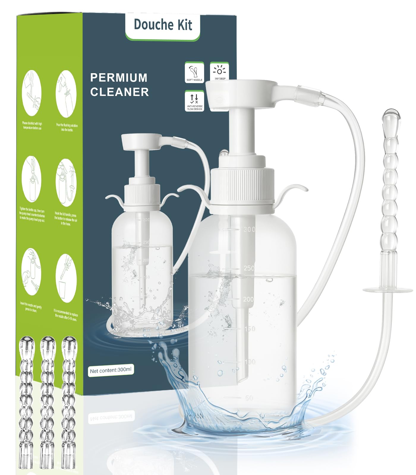 Reusable Vaginal Cleansing Douche Bottle - Douche for Women , Safe & Reusable Enema Kit with 3 Nozzles (330ML), Anti-Backflow Design for Feminine Hygiene & Personal Care, Includes Enema Tube