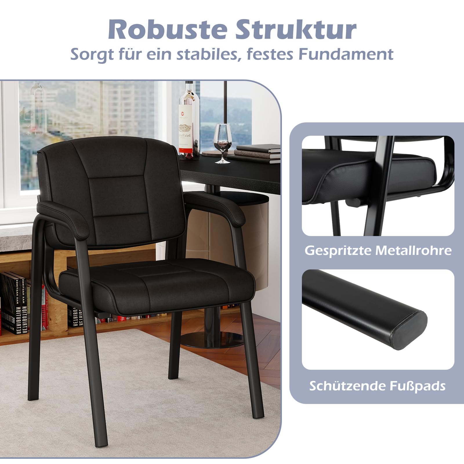 COSTWAY Konferenzstühle 2er Set, Besucherstühle mit Armlehnen und Metallrahmen, Bürostühle, Schwarz