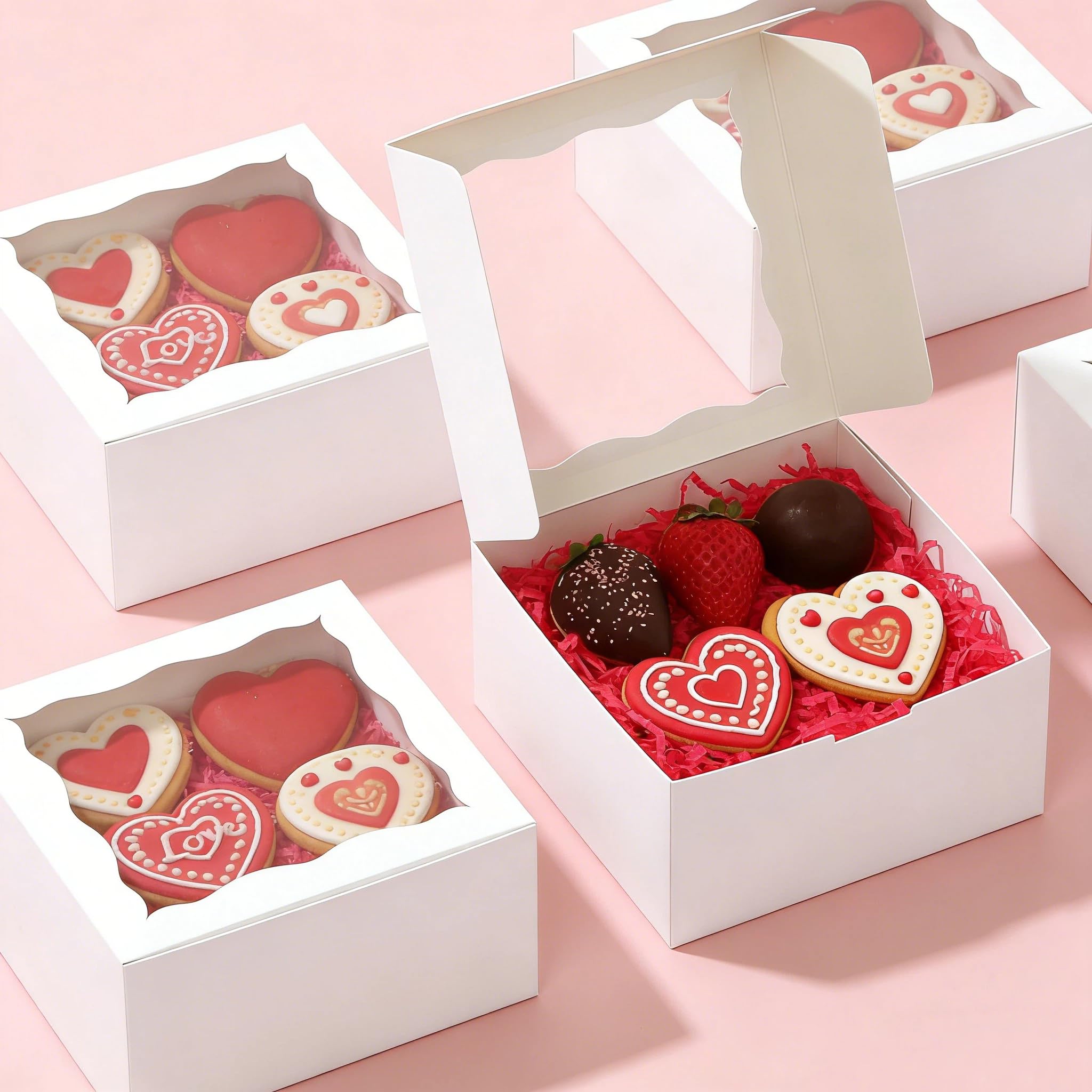 XIINHPKGG 50 cajas de galletas de 6 x 6 x 3 pulgadas: cajas de panadería con ventana, cajas de golosinas, cajas de fresas, mini cajas de pastel para cupcakes, dulces, chocolates, fresas, postres,
