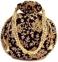 EyesartFashion Embroidered Potli Bag with Pearl Handle - Ethnic Gold Thread Sequin Clutch for Weddings & Festivals (Yellow/Gold)