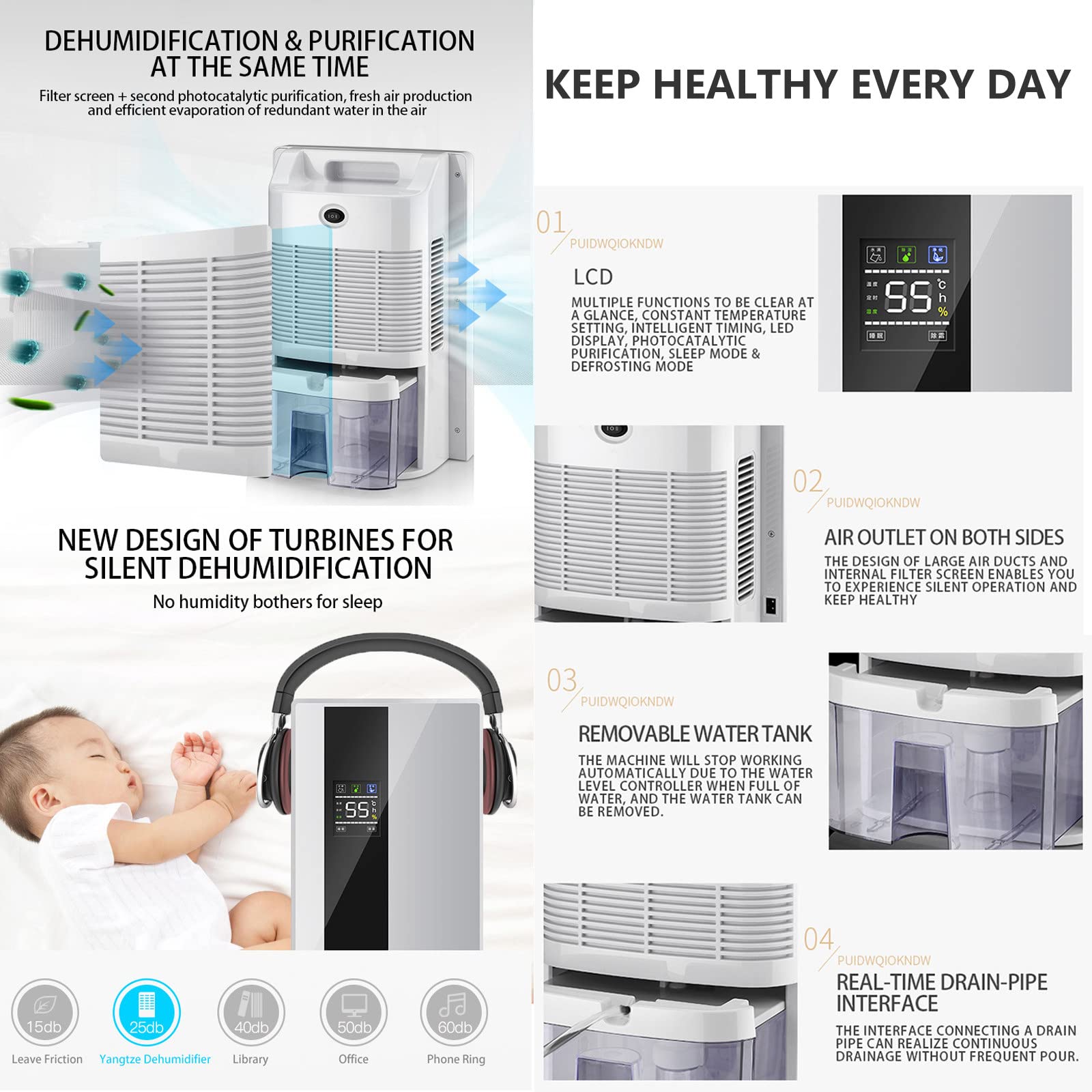 90W Deshumidificador Portátil 2.2L Tanque para el garaje del cuarto de baño del dormitorio, Descongelación automática, modo de sueño, eliminación silenciosa de la humedad, pantalla LCD, ahorro de ener