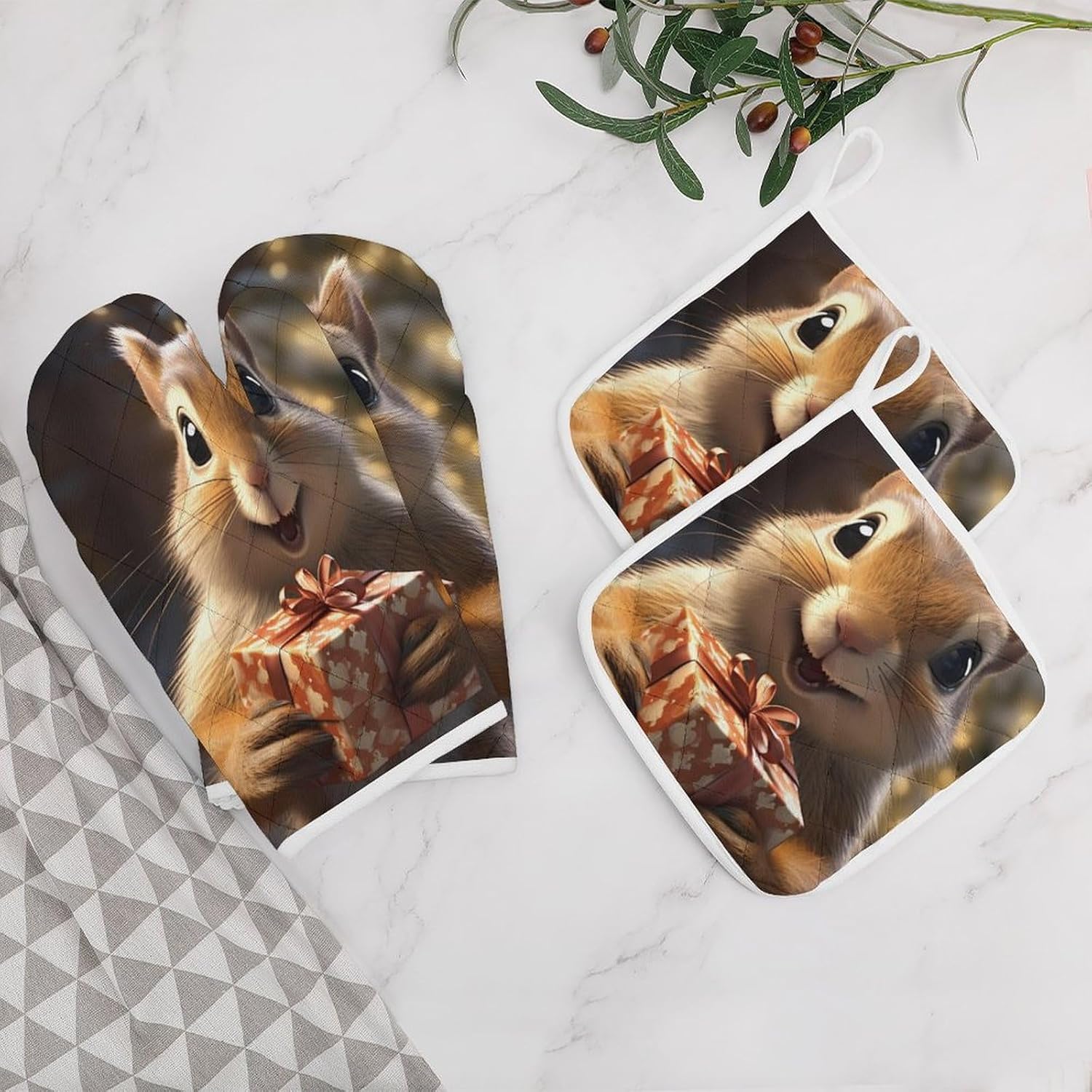 Christmas Squirrel 4 Pcs Oven Mitts and Pot Holders Set High Heat Resistant Long Kitchen Oven Glove Potholders