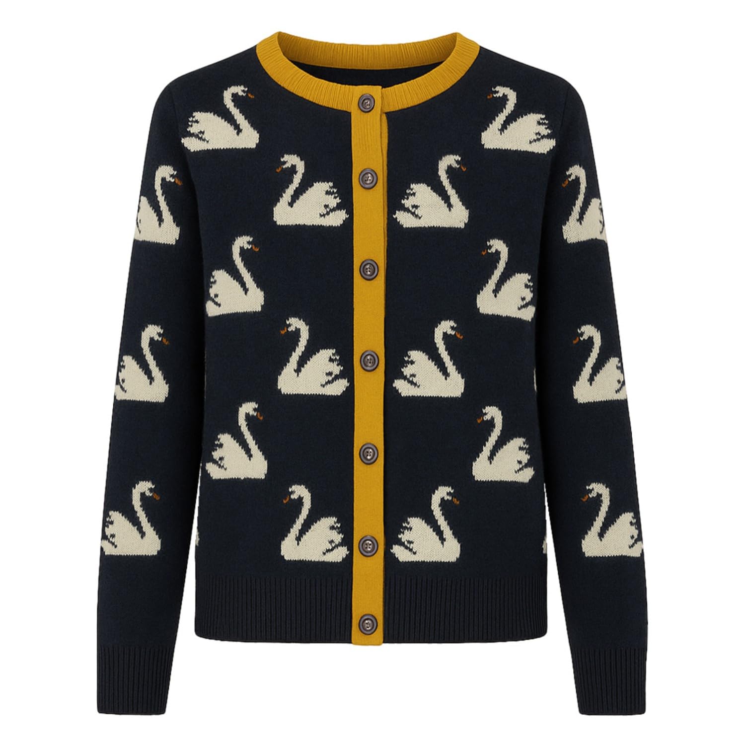 OXKNIT Womens Retro Dark Blue Knitted Cardigan Sweater Vintage Beige Swan Pattern Casual Cotton Long Sleeve Tops
