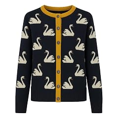 OXKNIT Womens Retro Dark Blue Knitted Cardigan Sweater Vintage Beige Swan Pattern Casual Cotton Long Sleeve Tops