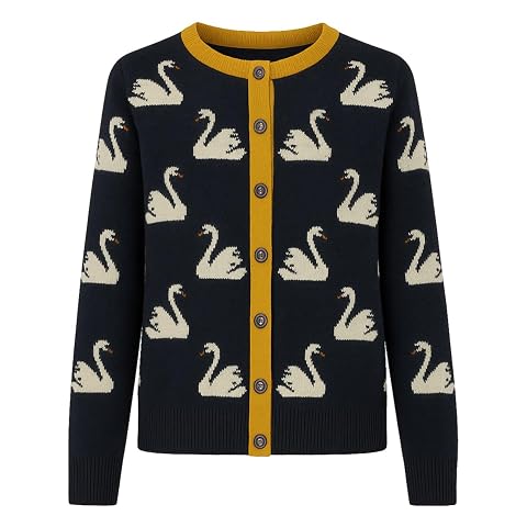 OXKNIT Womens Retro Dark Blue Knitted Cardigan Sweater Vintage Beige Swan Pattern Casual Cotton Long Sleeve Tops