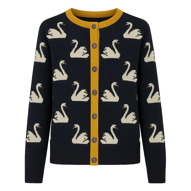 OXKNIT Womens Retro Dark Blue Knitted Cardigan Sweater Vintage Beige Swan Pattern Casual Cotton Long Sleeve Tops