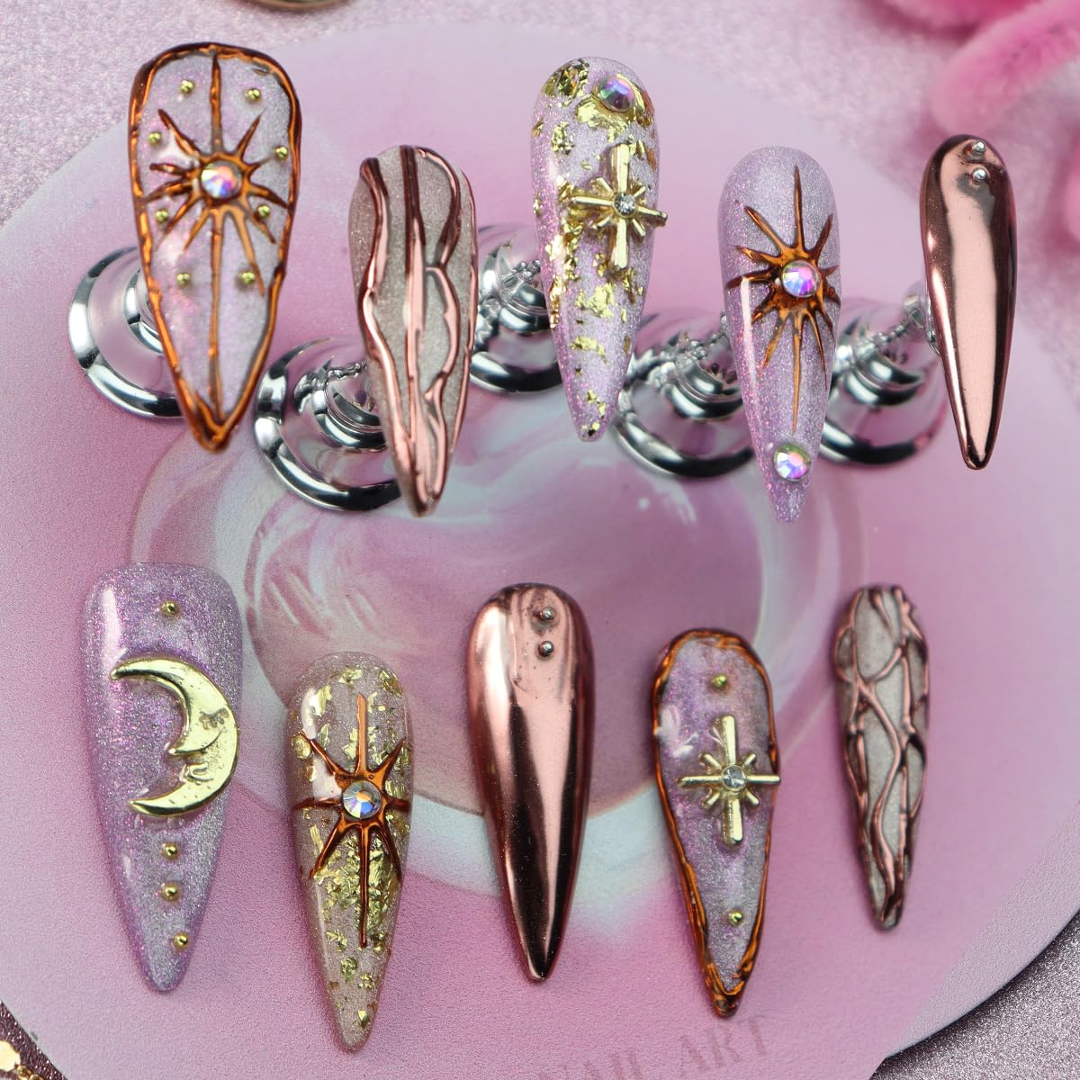Star Moon - Unghie finte lunghe a stiletto, realizzate a mano, effetto specchio, con glitter, con strass, per donne e ragazze, manicure di lusso (M)