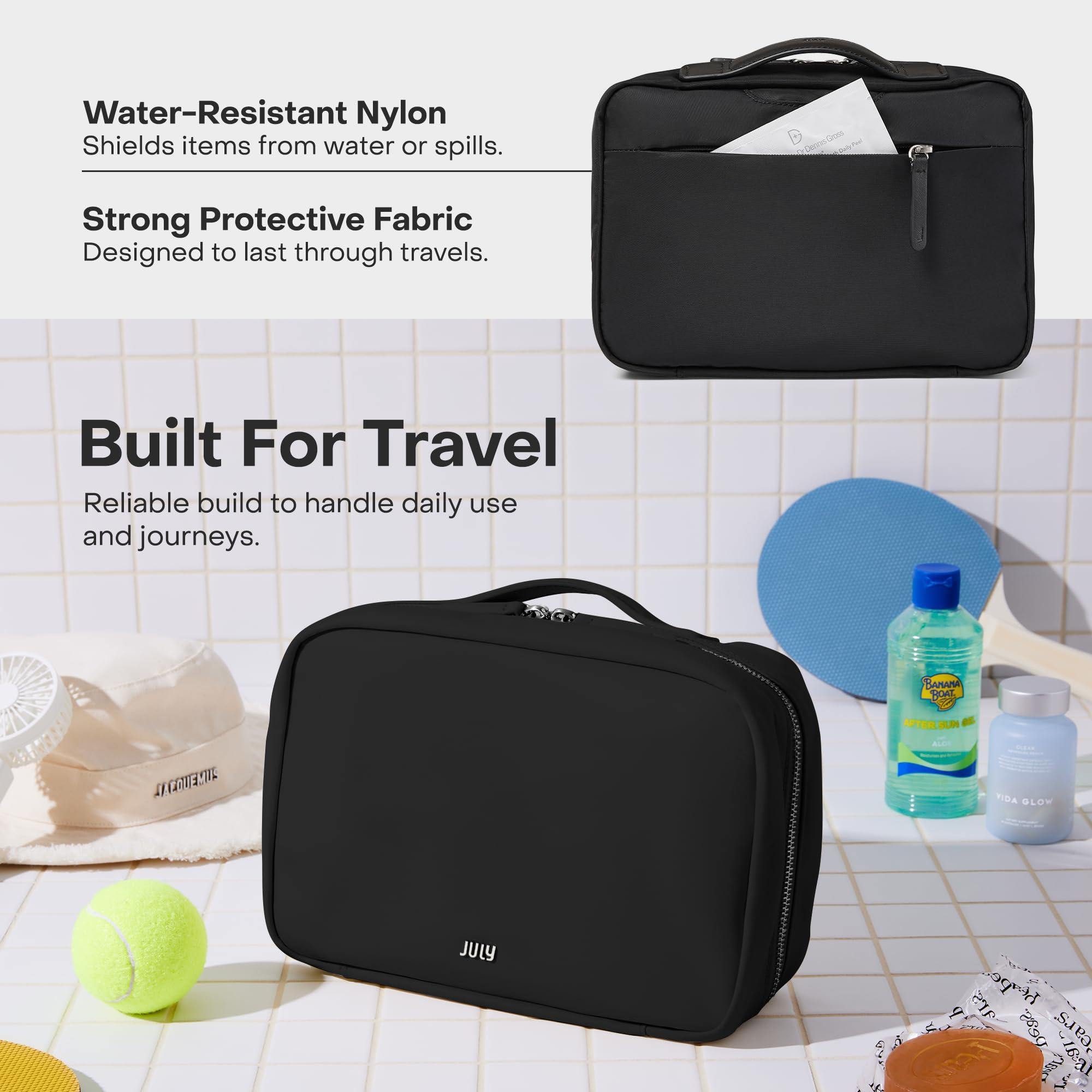 July Kulturbeutel zum Aufhängen mit verstecktem Haken, transparente und auslaufsichere PVC-Tasche, Zahnbürstenlasche, wasserabweisendes Nylon und Lederbesätze – Reiseutensilien-Tasche