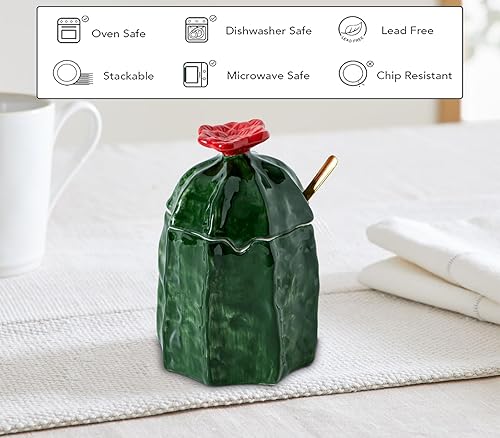 Miniatura 7 de Azucarero de cactus con tapa y cuchara Tarro de azúcar de cerámica Plato de azúcar blanco con tapa Azucarera  Decoración en relieve Elegante y