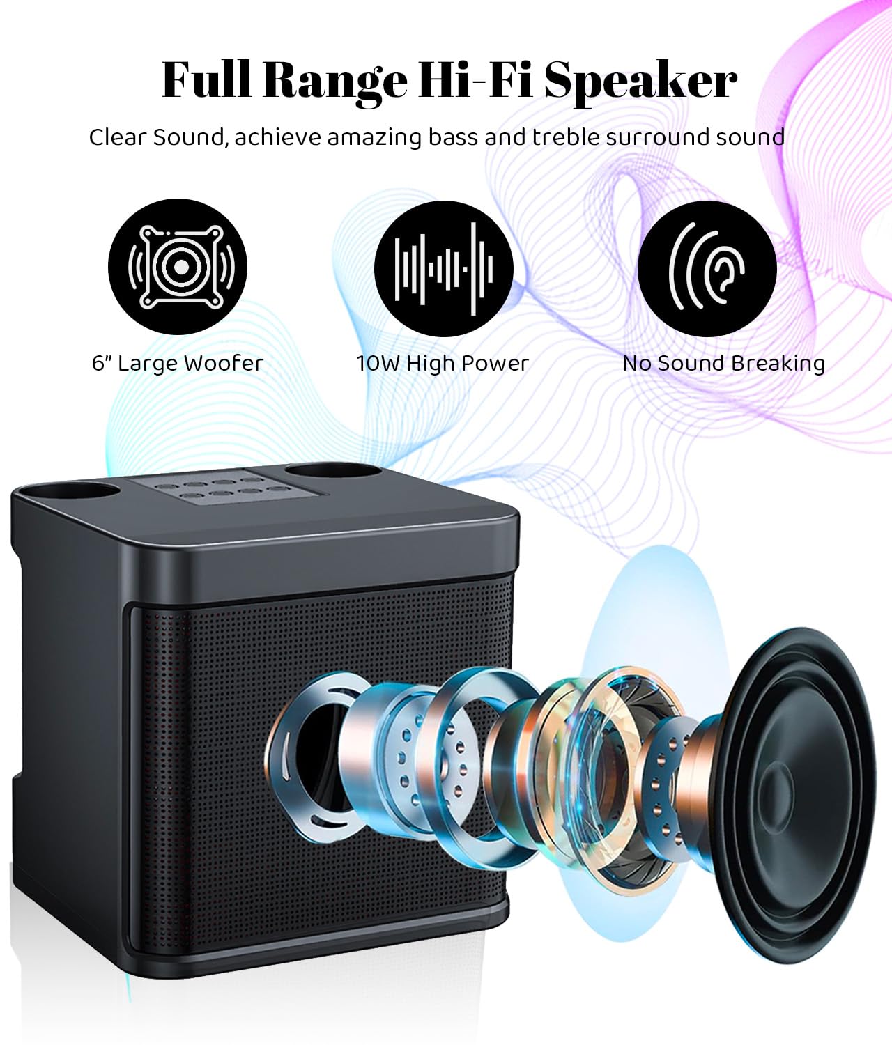 Maszyna do karaoke dla dorosłych i dzieci z 2 bezprzewodowymi mikrofonami UHF, przenośny głośnik Bluetooth, system głośników PA z lampkami imprezowymi LED, na imprezę, piknik, do samochodu, na