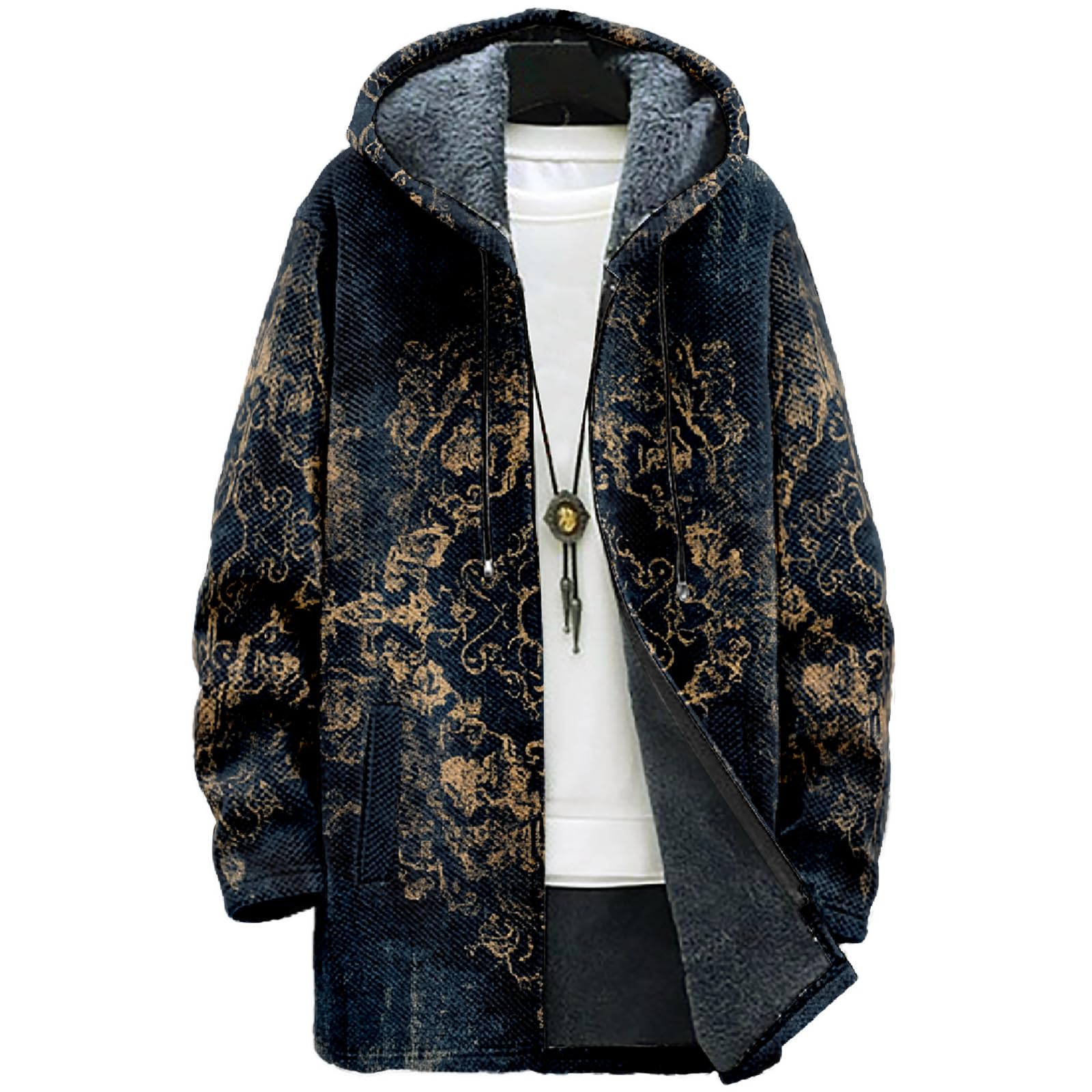 MARSVOVO Cardigans for Men Western Fleece Jacket Warm Fleece Fall Winter Casual Zipper Hooded Neck Coat with Pockets