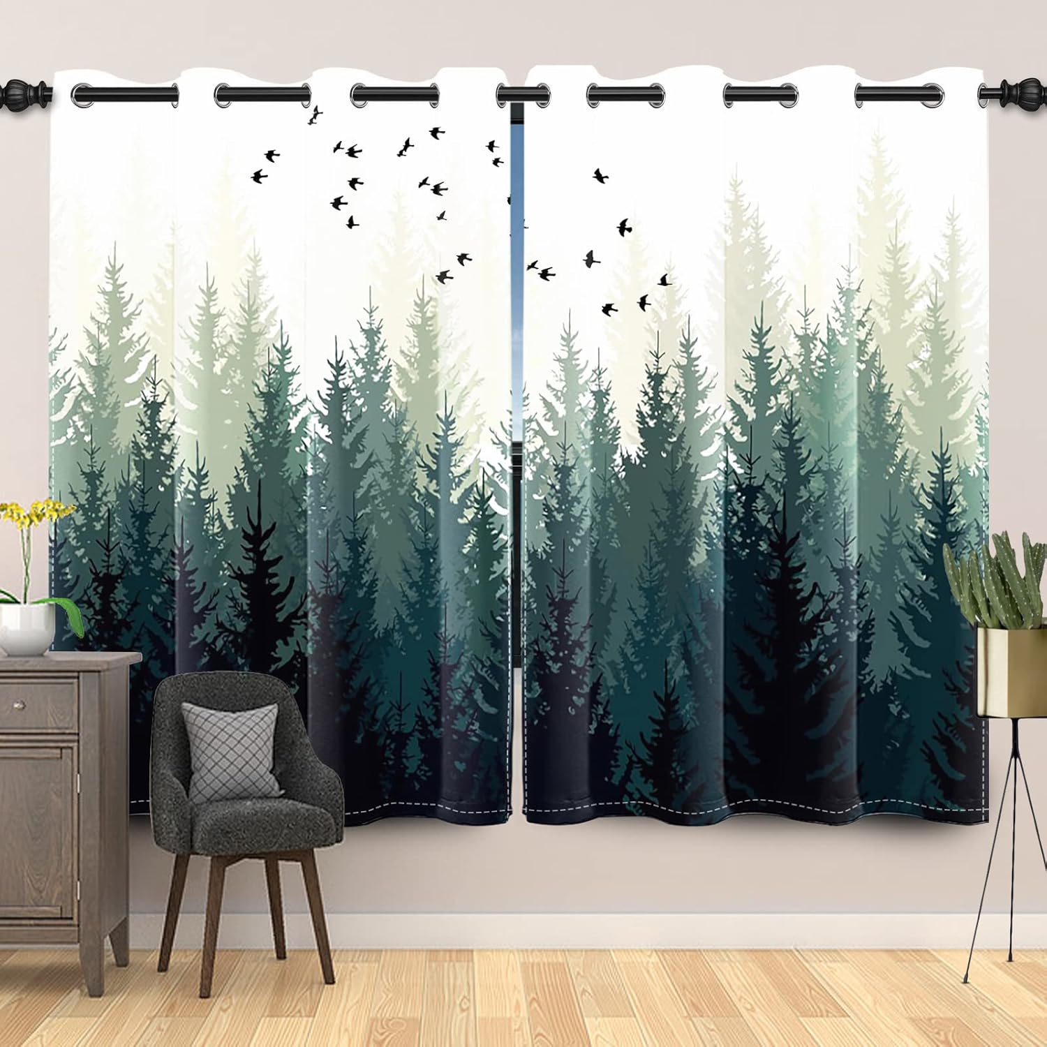 Forest Blackout Curtains, Sunshine Green Tropical Jungle Window Curtain for Living Room Nature Scenery Thermal Insulated Window Treatment Room Darkening Drapes with Grommets, 42x63 Inch, 2 Panels
