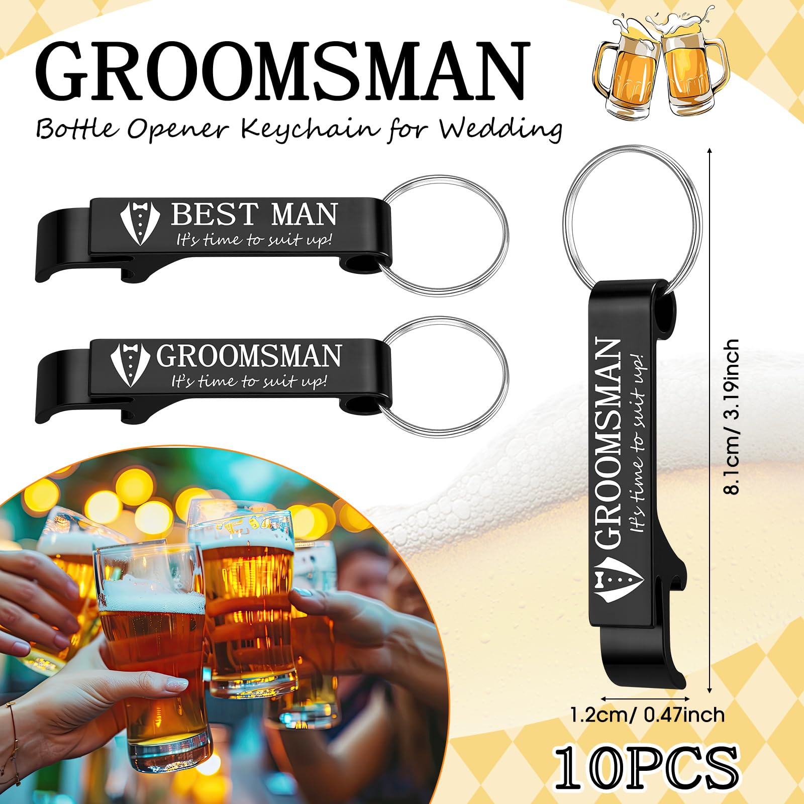 Jingmore 10 Pcs Groomsmen Bottle Opener Keychain Groomsmen Proposal Gift Aluminum Wine Beer Opener Wedding Favors Bulks Include 9 Groomsman and 1 Best Man Gift for Wedding Bachelor Party(Black)