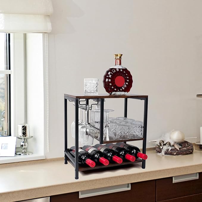 Estante para Vinos de Encimera, Soporte para 4-5 Botellas y 3 Copas, Madera y Metal miniatura 2