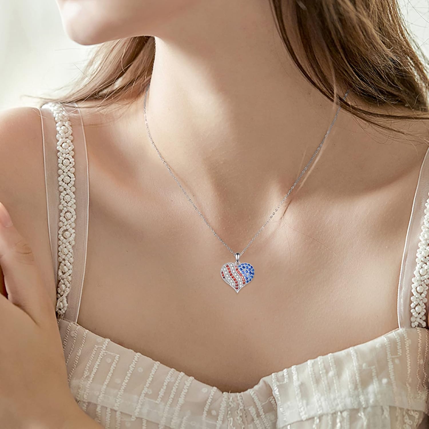 YFN American Flag Necklace 925 Sterling Silver American Flag Heart Pendant Independence Day Jewelry Gift for Women - Image 2