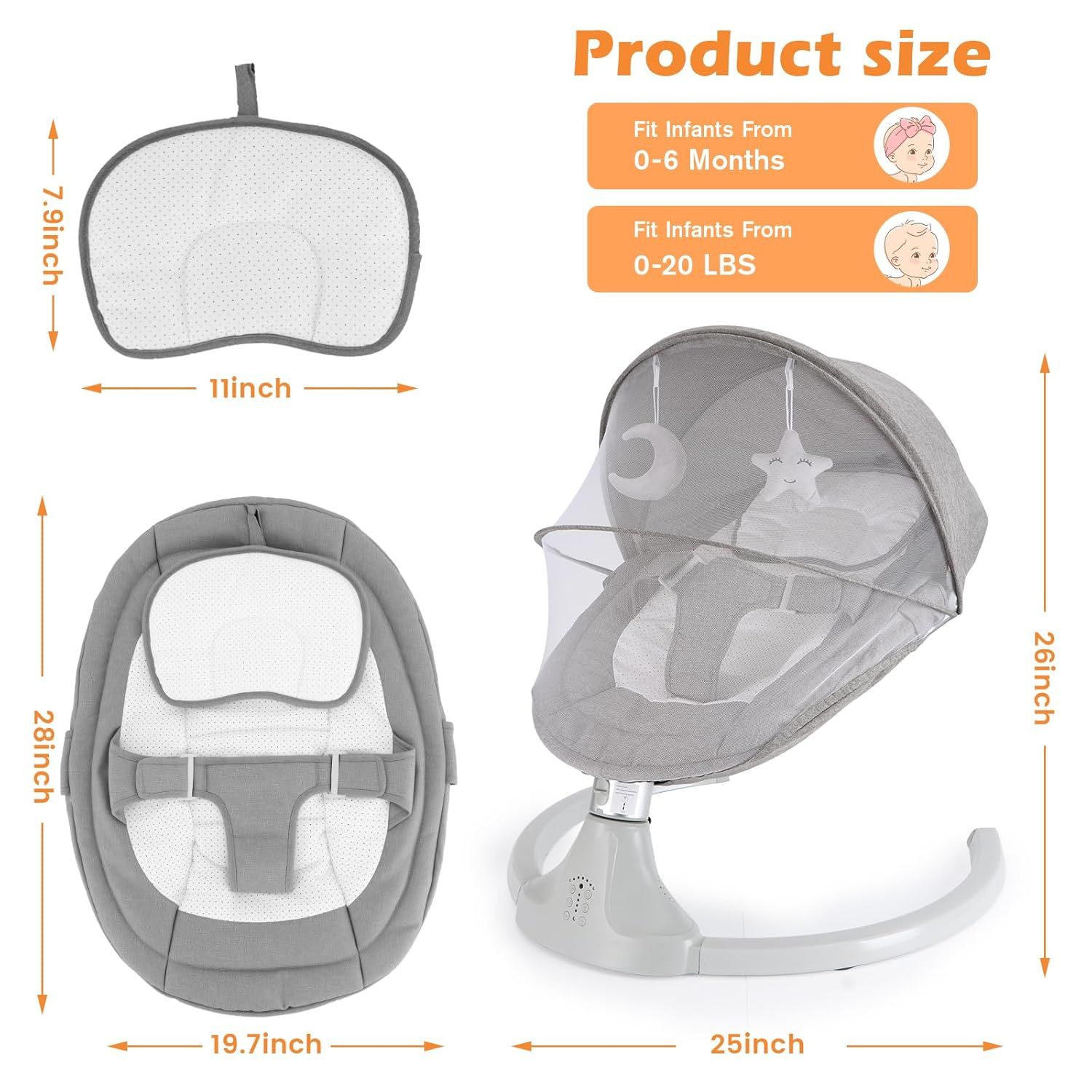 Baby Swing for Newborns 0-6 Months, Electric Infant Swing with Bluetooth & Remote Control, 5-Speed Portable Rocker with 12 Soothing Lullabies, 3-Point Widened Harness, ASTM Certified