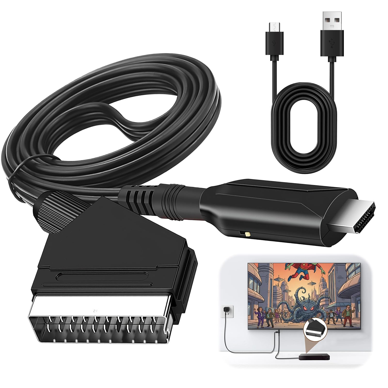 Cable Adaptador SCART a HDMI, Convertidor Euroconector a HDMI Todo en uno Cable Euroconector a Hdmi HD 720/1080P Convertidor Audio/Video con SCART Cable para HDTV STB VHS Xbox PS3 Sky DVD Blu-ray