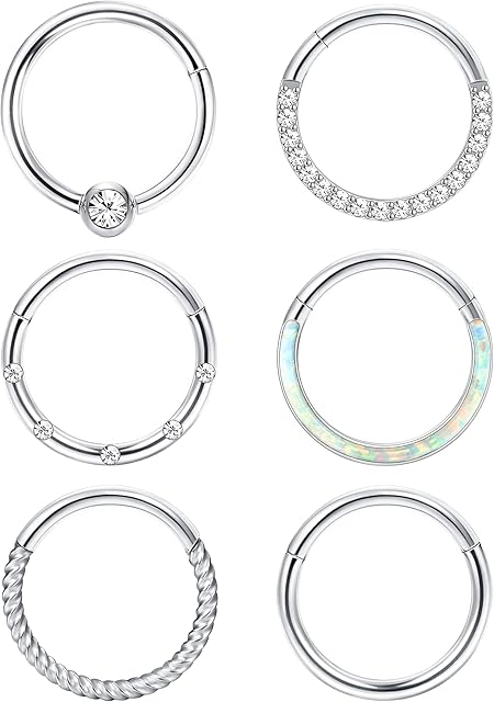 ADRAMATA 6 Pcs 16G 18G Nose Ring Septum Ring for Women Men Silver Surgical Steel Nose Piercing Helix Daith Conch Tragus Cartilage Earrings Piercing Lip Rings Hinged Clicker Hoop Nose Rings