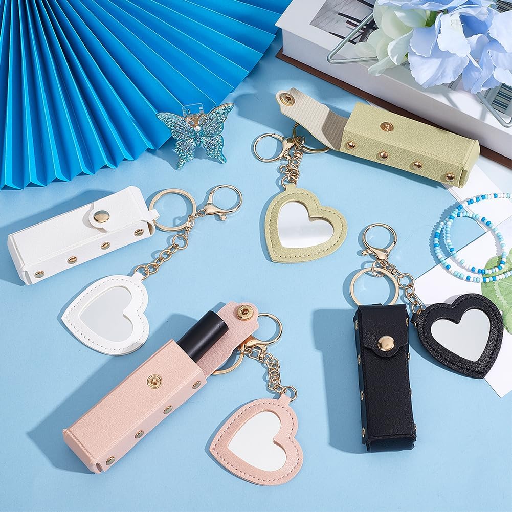 4 Colors PU Leather Lipstick Sleeve Keychains with Heart Mirror 4PCS Mini Portable Lip Balm Holder Key Chain image 4