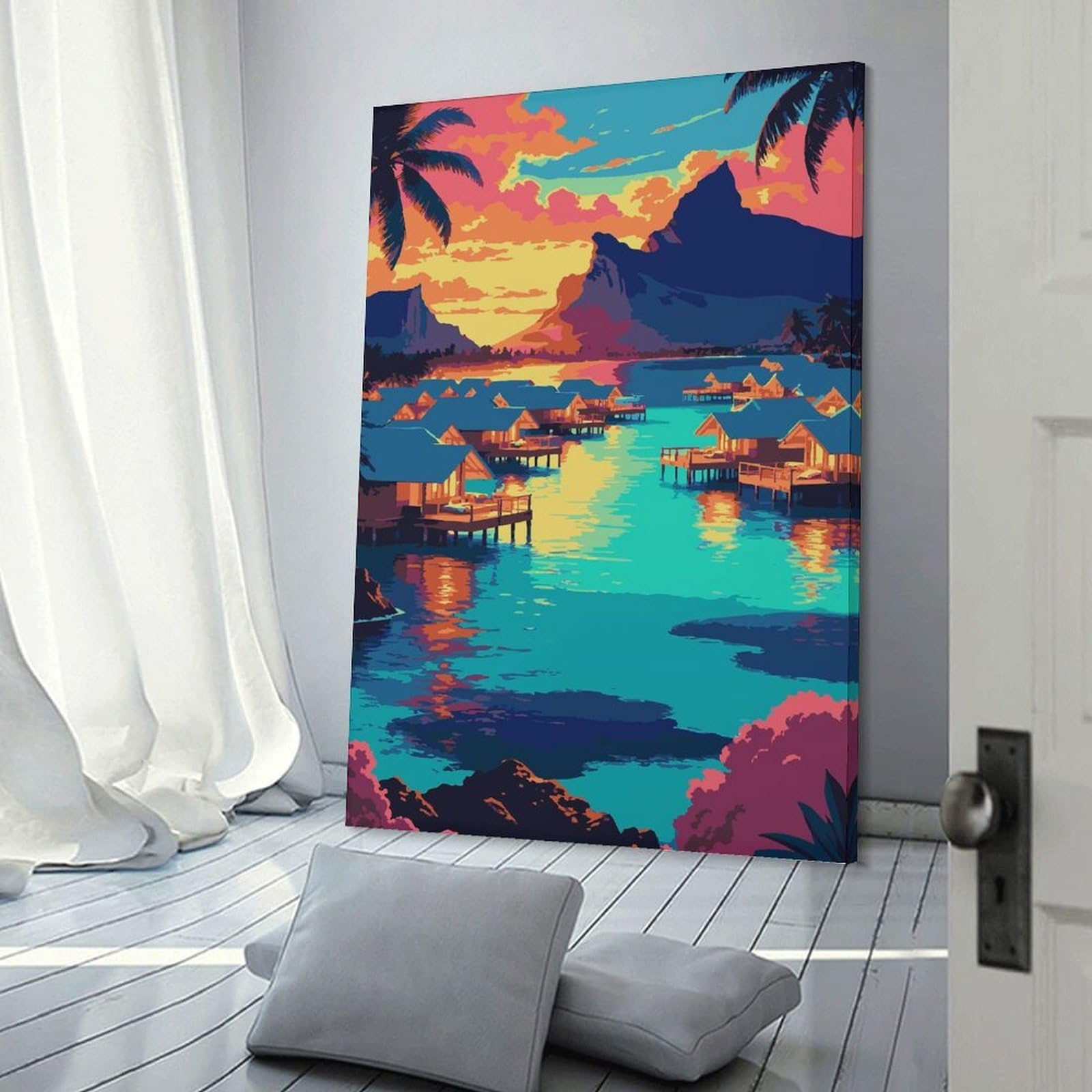 Junmoney Canvas Wall Decor Tropical Island Resort at Sunset, 20x30inch(50x75cm), for Bedroom Decor, Cosy Corners Or Studios, Decorative Wall Art for Cosy Rooms