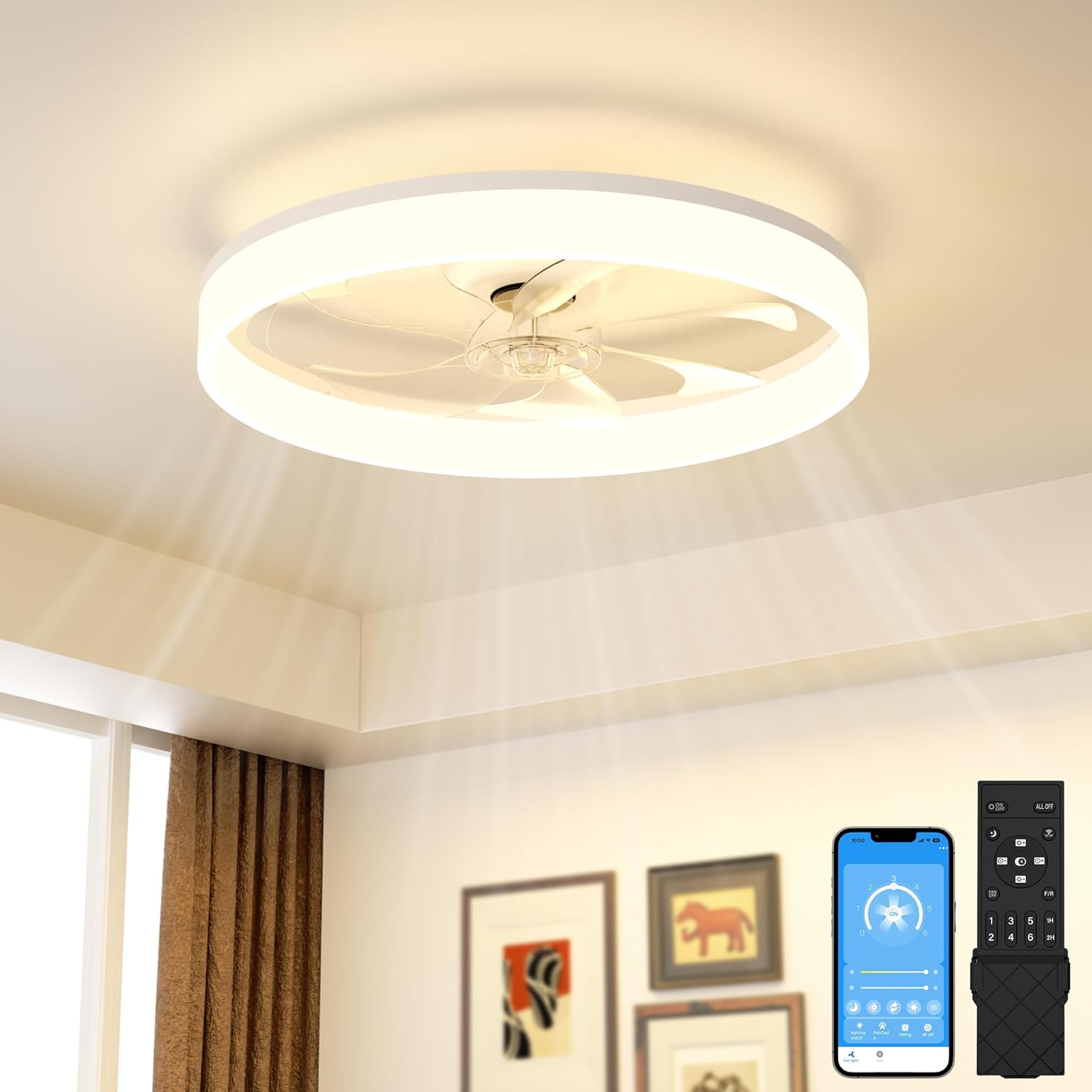 VOLISUN Low Profile Ceiling Fans with Lights and Remote, Bladeless Ceiling Fan with Light Flush Mount, No Assembly, 3000K-6500K Dimmable, White Fandelier Ceilings Fans with Lights for Bedroom White 19.7 inch