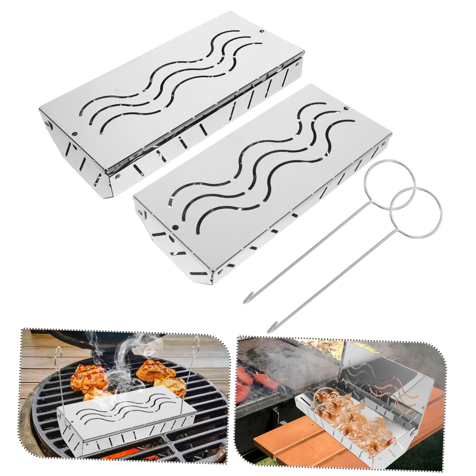 Scatola per Trucioli di Legno in Acciaio Inox 2 Pezzi | Argento, per Grigliate e Cottura All’aperto, Design Portatile, Adatta a Pesce e Carni