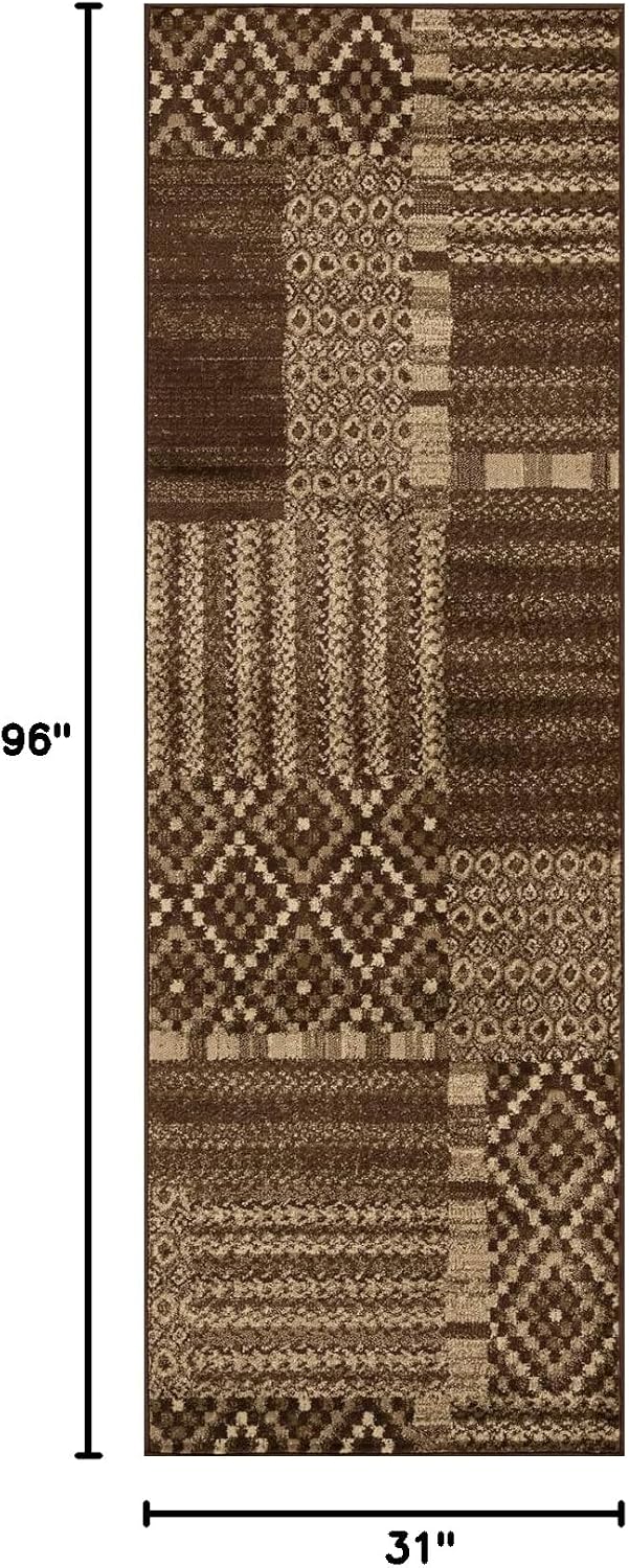 BNM Indoor Area Rug Runner with Jute Backing, Great for Entryway, Living Room, Kitchen, Dorm, Bedroom, Hallway, Perfect for Hardwood Floors, Modern Geometric Patchwork, 2'7" x 8, Taupe