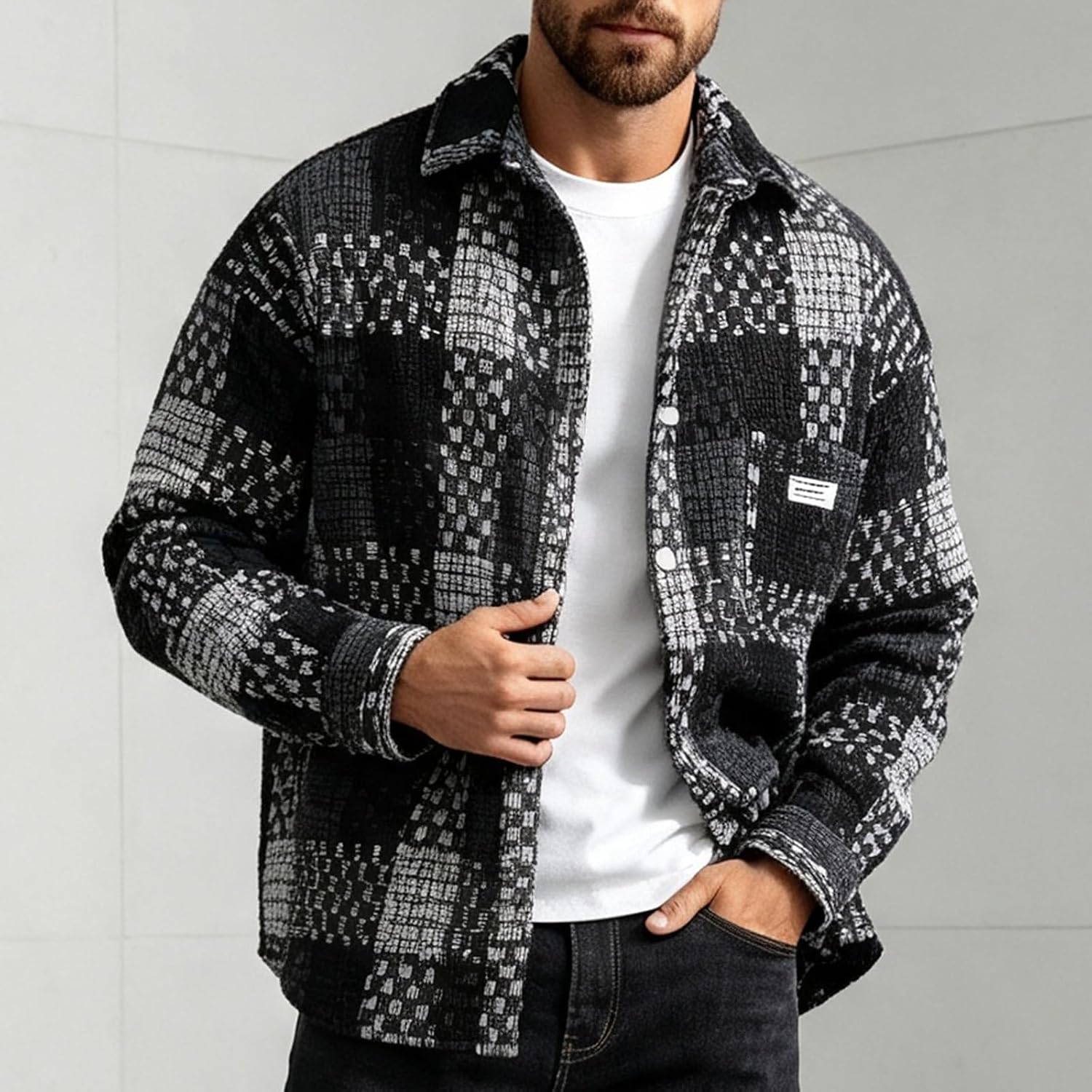 Men's Retro Plaid Shirt Jacket Winter Button Down Coat