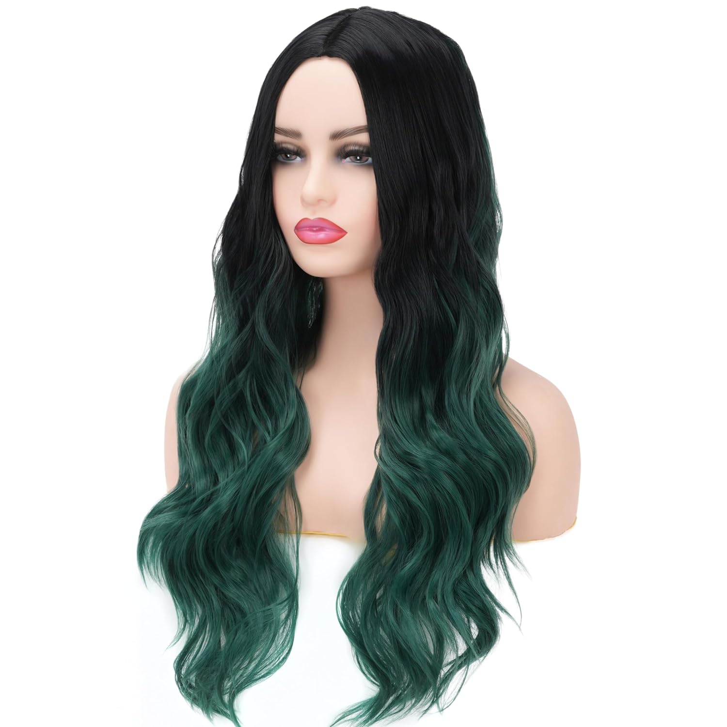 Black and Green Wig for Women Long Curly Wavy Ombres Dark GreenWig Middle Part Natural Looking Wig for Daily Party Use - Image 3