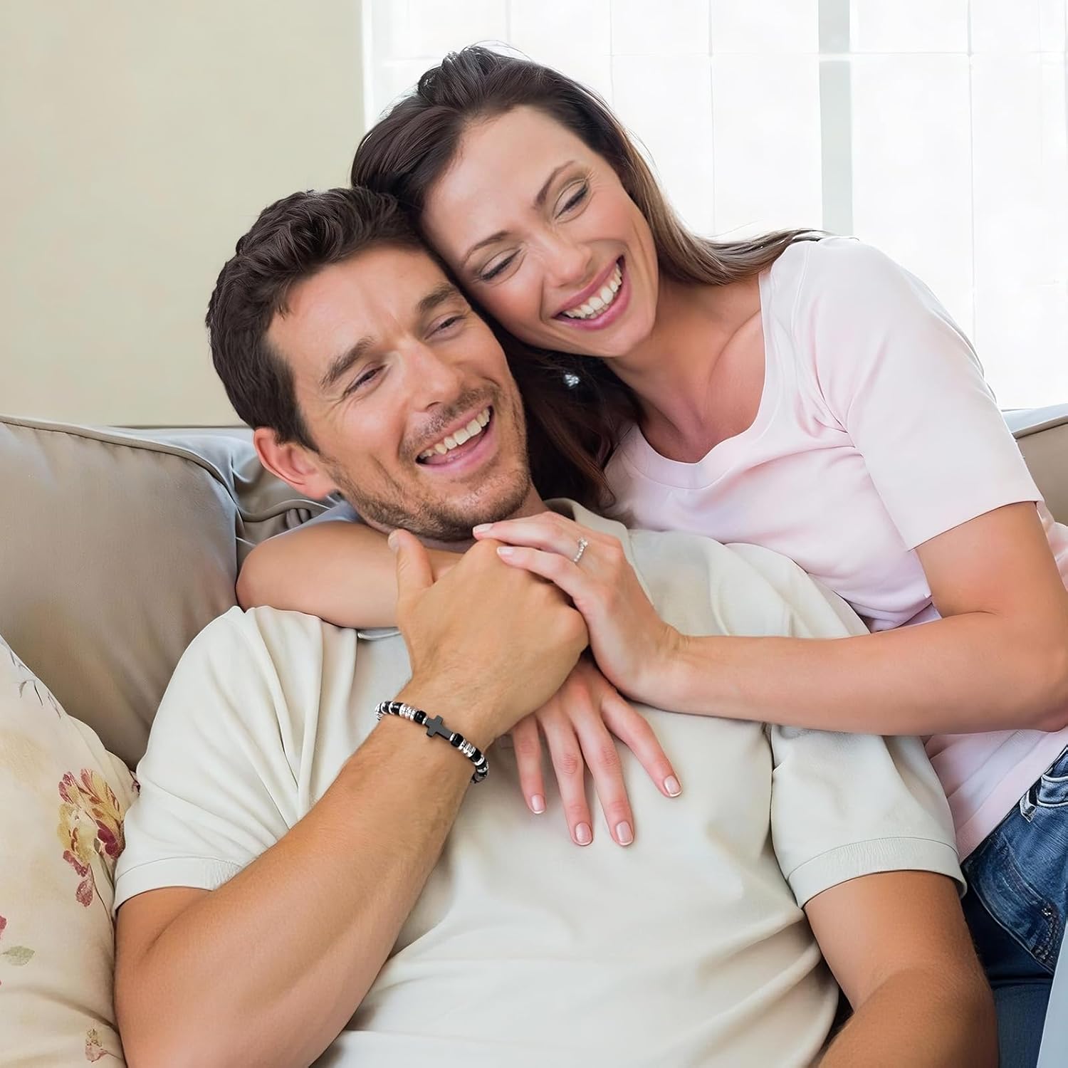 Christian Gifts for Men Beaded Bracelets - Adjustable Black Agate Beaded Cross Bracelets Handmade Beads Braided Rope Bracelet Easter Christmas Birthday Valentines Day Jewelry Gifts for Him Boyfriend - Image 7