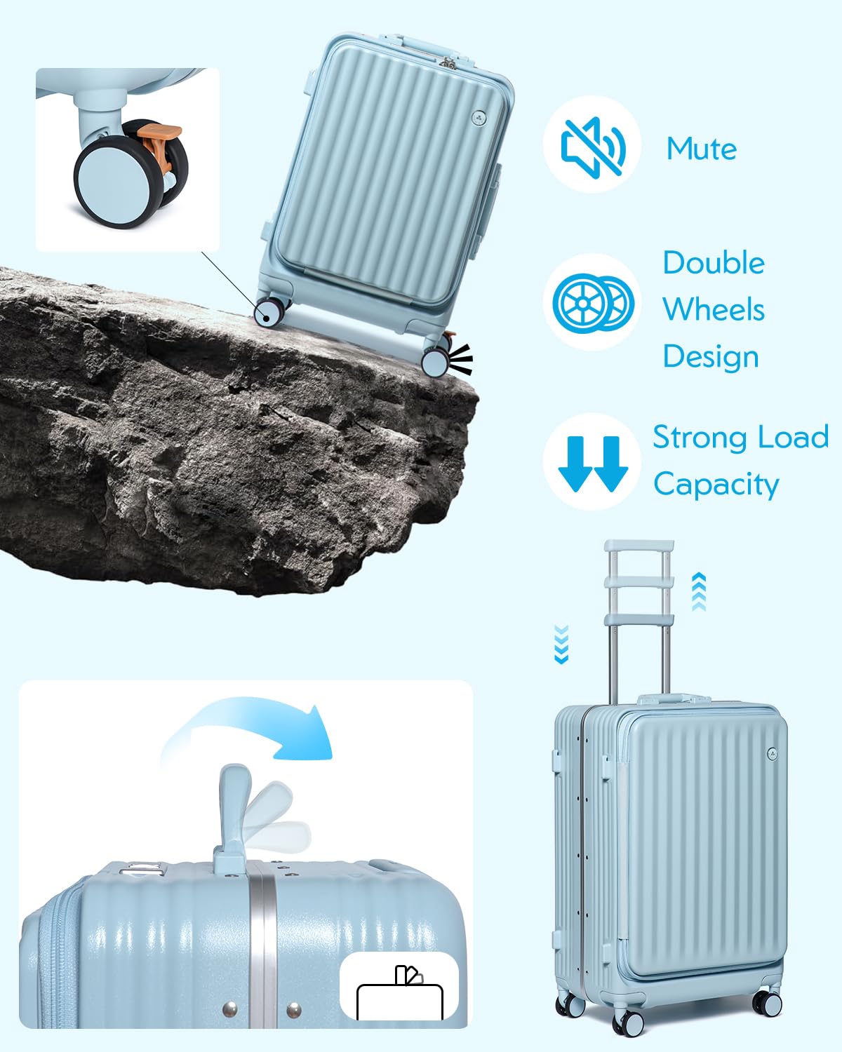 Somago Valigia leggera con portabicchieri e porta USB telaio in alluminio in policarbonato Spinner valigia rigida con serratura TSA, Azzurro chiaro, 24 Inch Checked Luggage, Leggero Pc Luaage Con