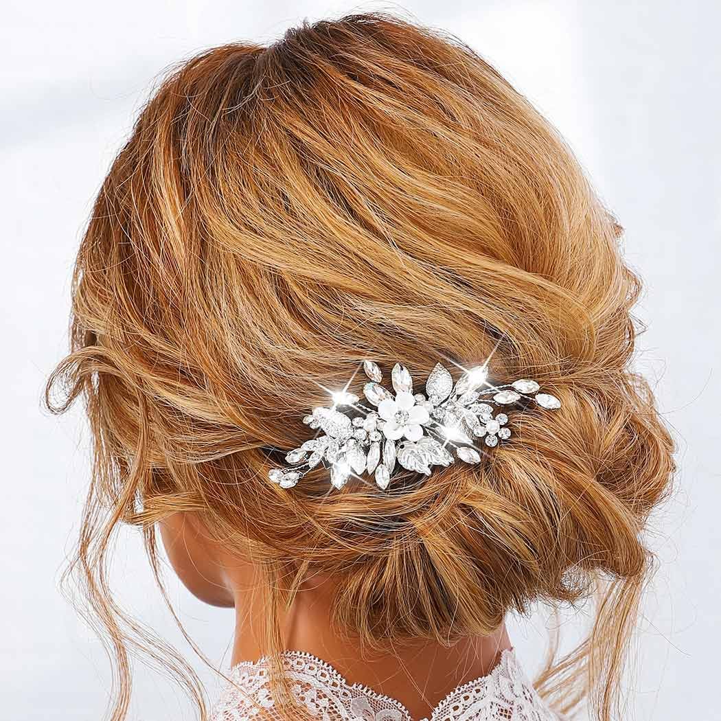 Jeairts Flower Rhinestone Wedding Hair Barrette Silver Floral Bridal Hair Accessories for Women - Image 3