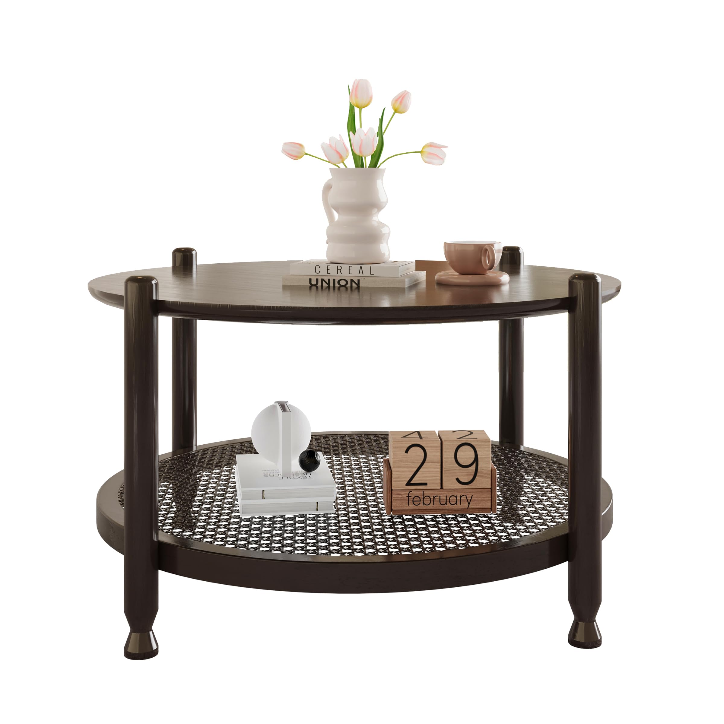 NSdirect 32 Round Coffee Table for Living Room 2-Tier Solid Wood Center Table for Home Decor with Boho Woven Rattan Storage Shelf | Modern Farmhouse Design Easy Assembly Black Brown product thumbnail 6