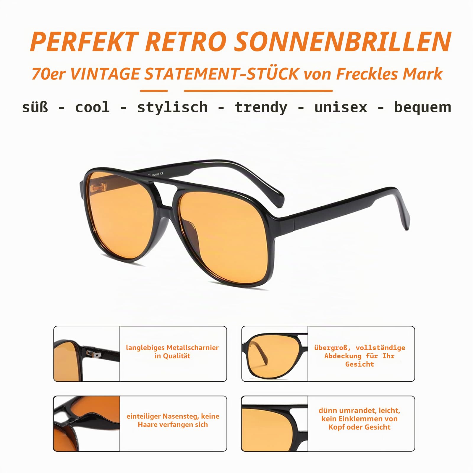 Freckles Mark Vintage Retro 70er Jahre Sonnenbrille für Damen Herren Klassisch Groß Quadrat Pilotenbrille Trendige Brille