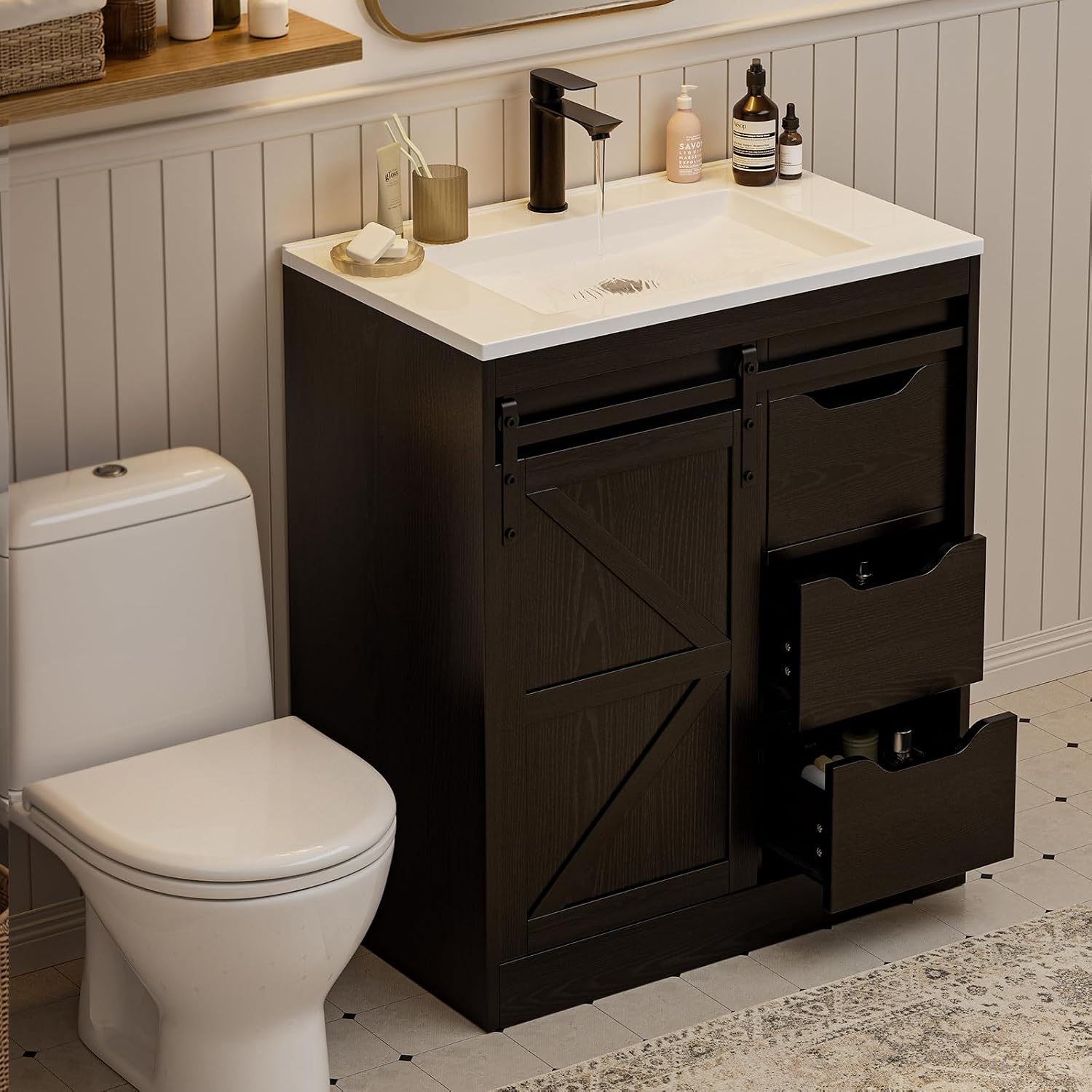 SUNTAGE Bathroom Vanity with Sink, Freestanding Farmhouse Bathroom Storage Cabinet with 3 Drawers & Sliding Door, White Resin Basin Vanity Combo Set (Wood Grain Black, 30")