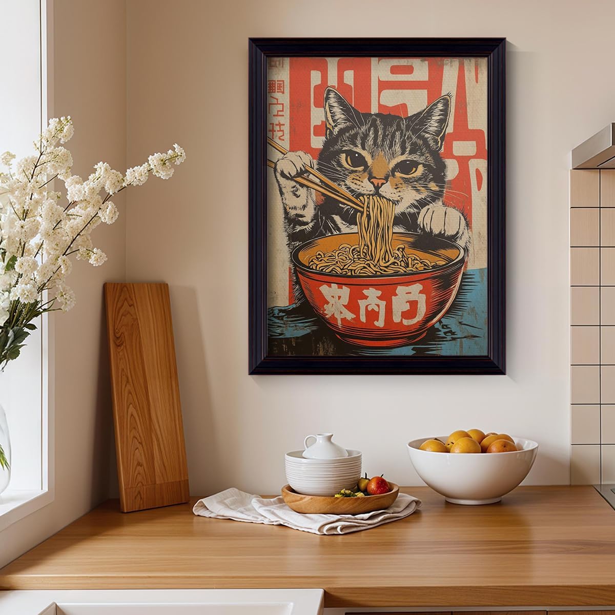 Vintage Japanese Cat Canvas Wall Art, Kawaii Cat Eating Noodles Poster, Cool Funny Animal Food Art Print, Asian Inspired Kitchen Wall Decor, Noodle And Pet Lover Gift 12x16in Framed