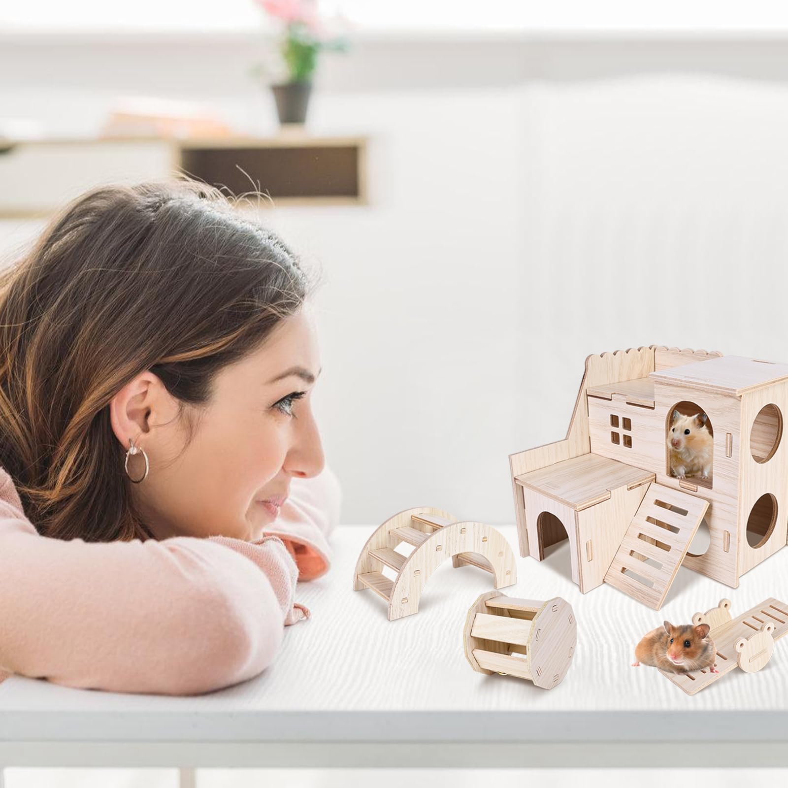 Juguetes Hamster Madera, Juguetes para Masticar Hámster, 7 Piezas Juguetes para Hámster Columpio, Balancín, Casa, Accesorios De Juguete para Los Conejos, La Chinchilla, Hámsters, Cobayas