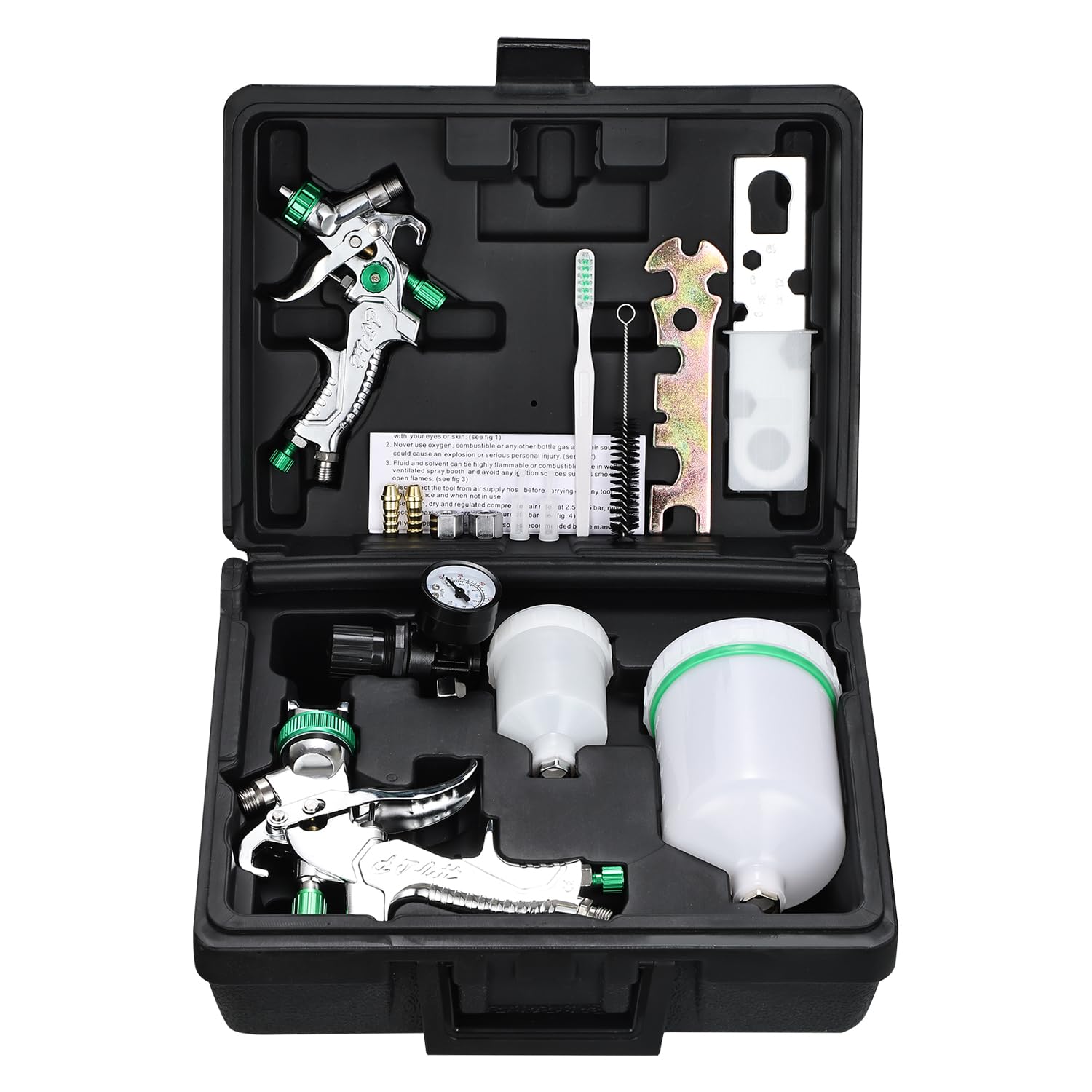 Set di pistole a spruzzo HVLP, 2 pistola verniciatura con ugelli da 0,8 mm e 1,4 mm, Serbatoi da 125 ml e 600 ml, Manometro regolatore