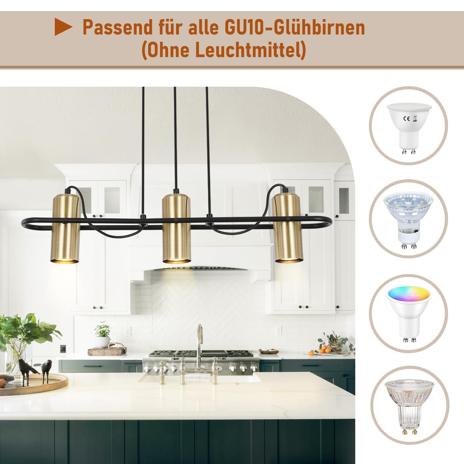 Homefire Pendelleuchte Esstisch Hängelampe Vintage - 3 Flammig Esszimmerlampe Gold Hängeleuchte Industrial GU10 Esstischlampe Küchenlampe Hängend Wohnzimmer für Esszimmer Küche Bar - Ohne Leuchtmittel
