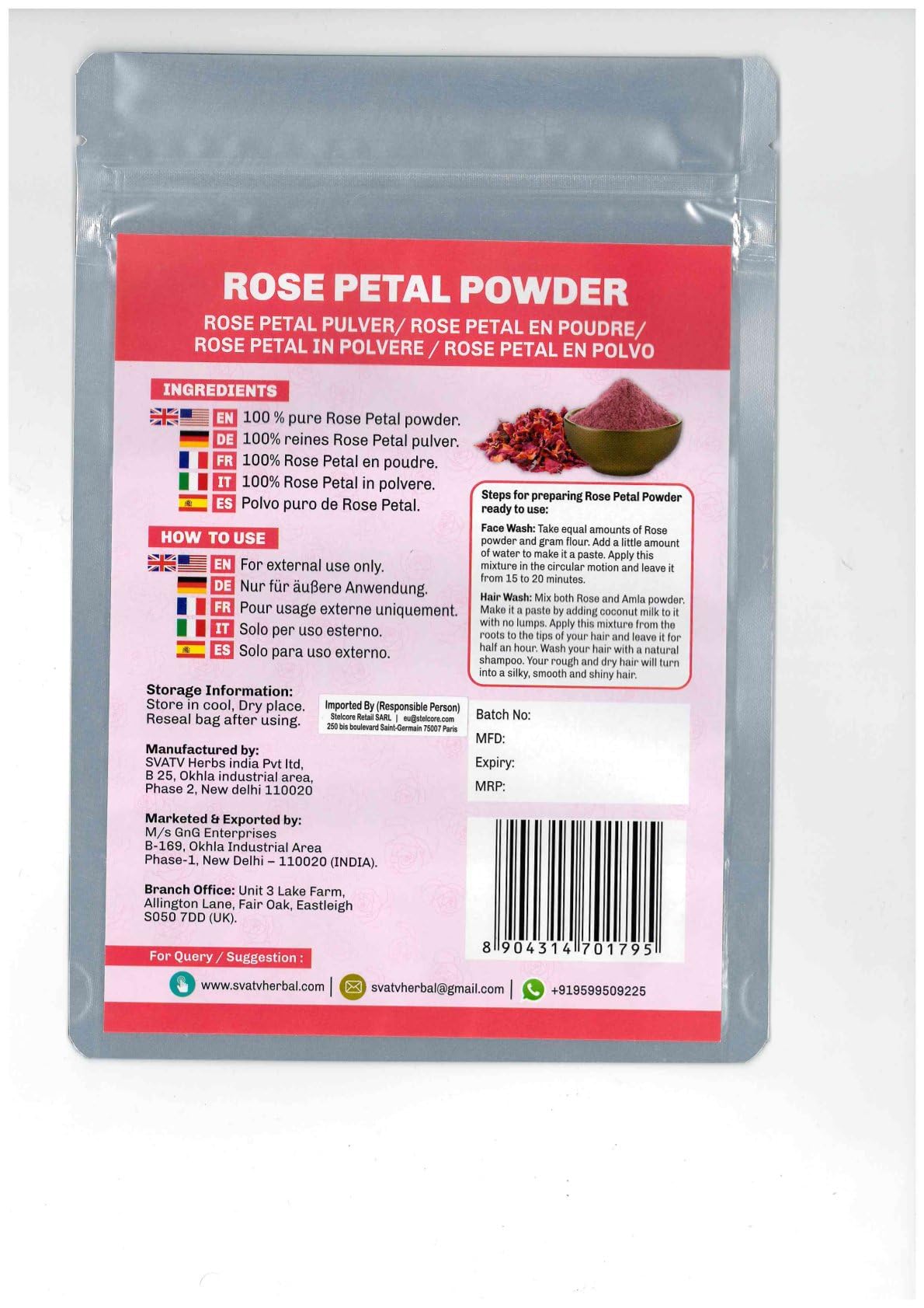 SVATV Rose Petal Powder For Skin Blemishes, Facial mask, Skin Hydrating Tone Pore Minimizer Oil Control Face Mask - 227 Grams, Half Pound