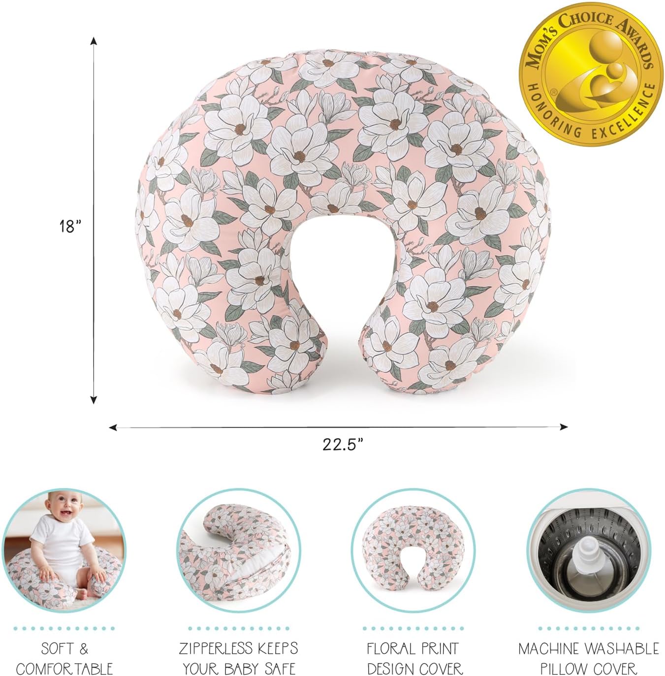 The Peanutshell Nursing Pillow & Cover - Soft Newborn Nursing Baby Girl Pillow Covers, Supportive & Comfortable Breastfeeding, Tummy Time Baby Essentials - Magnolia - Image 2