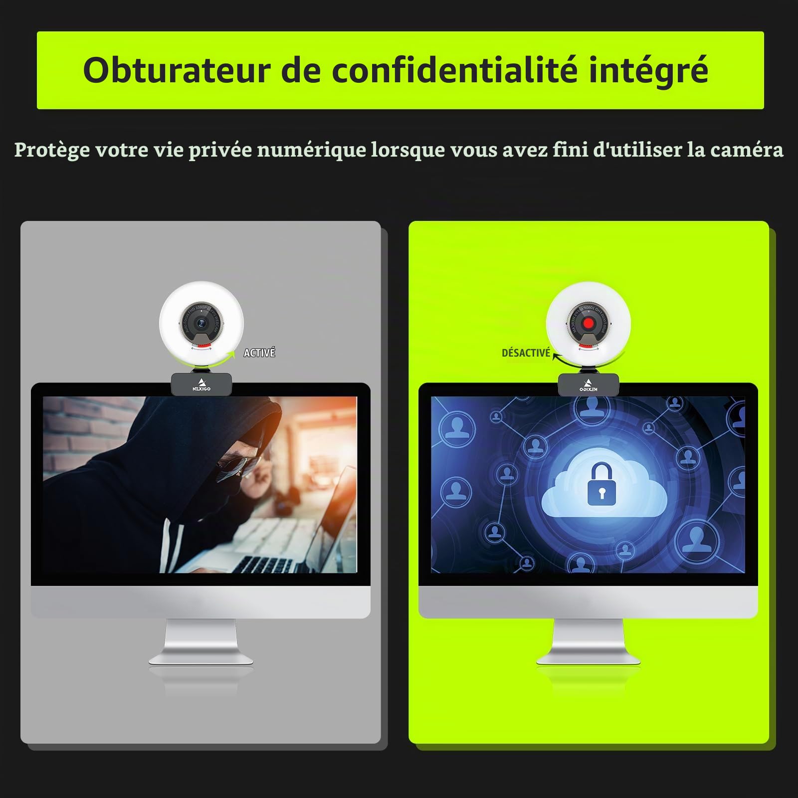 NexiGo N960E 1080P 60FPS Webcam avec lumière, Logiciel Inclus, AutoFocus Rapide, Couvercle de privacité, caméra Web USB, Double Microphone stéréo, pour Zoom Meeting Skype Teams Twitch