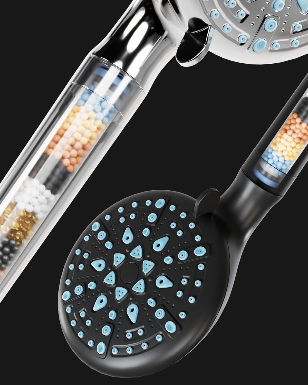Two Veken shower heads, one chrome and one black, with the transparent filter cartridges visible inside their handles, demonstrating how the filter integrates into the shower head.
