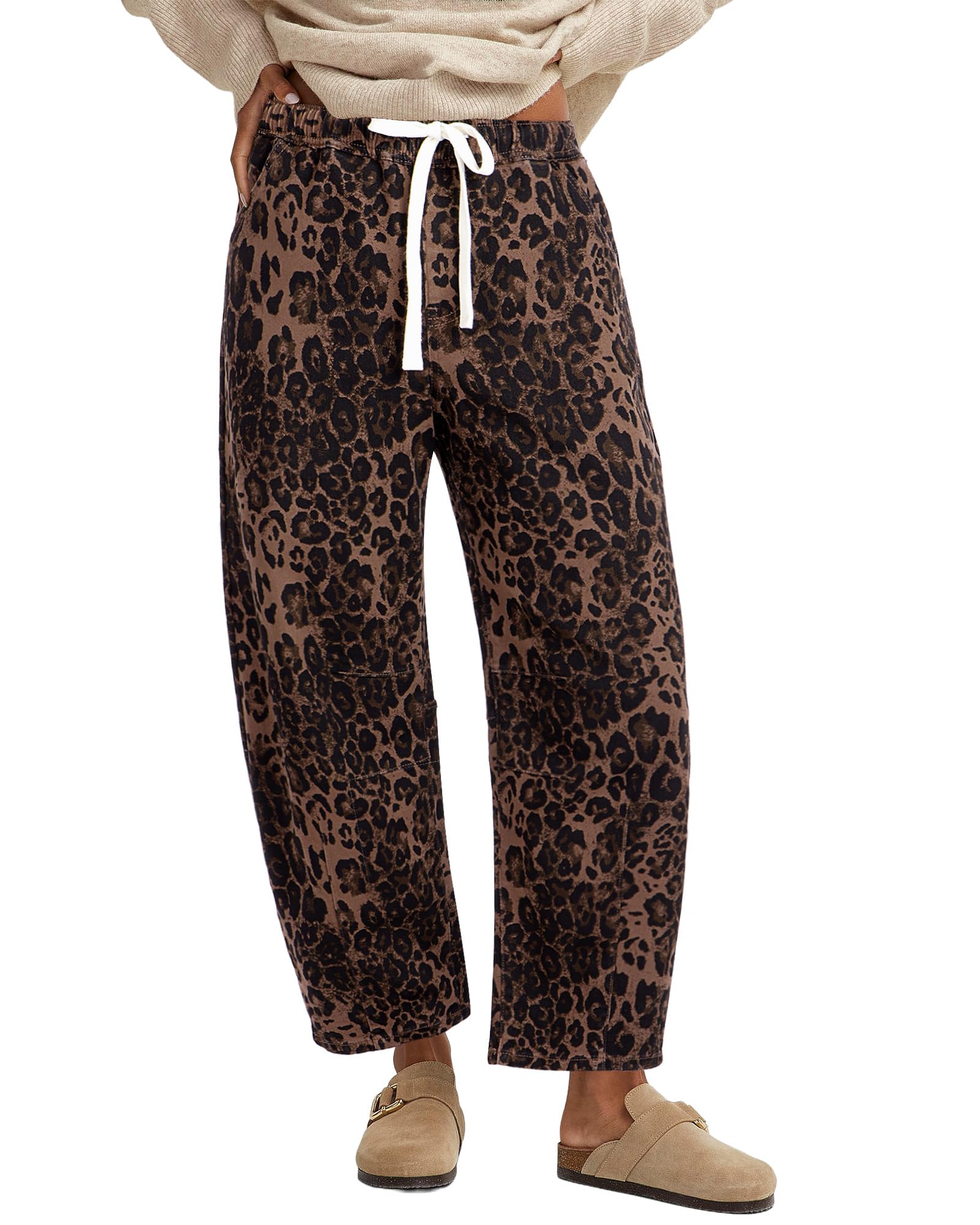 GRAPENT Barrel Jeans for Women Trendy High Waisted Pull On Wide Leg Cropped Leopard Cheetah Print Stretchy Denim